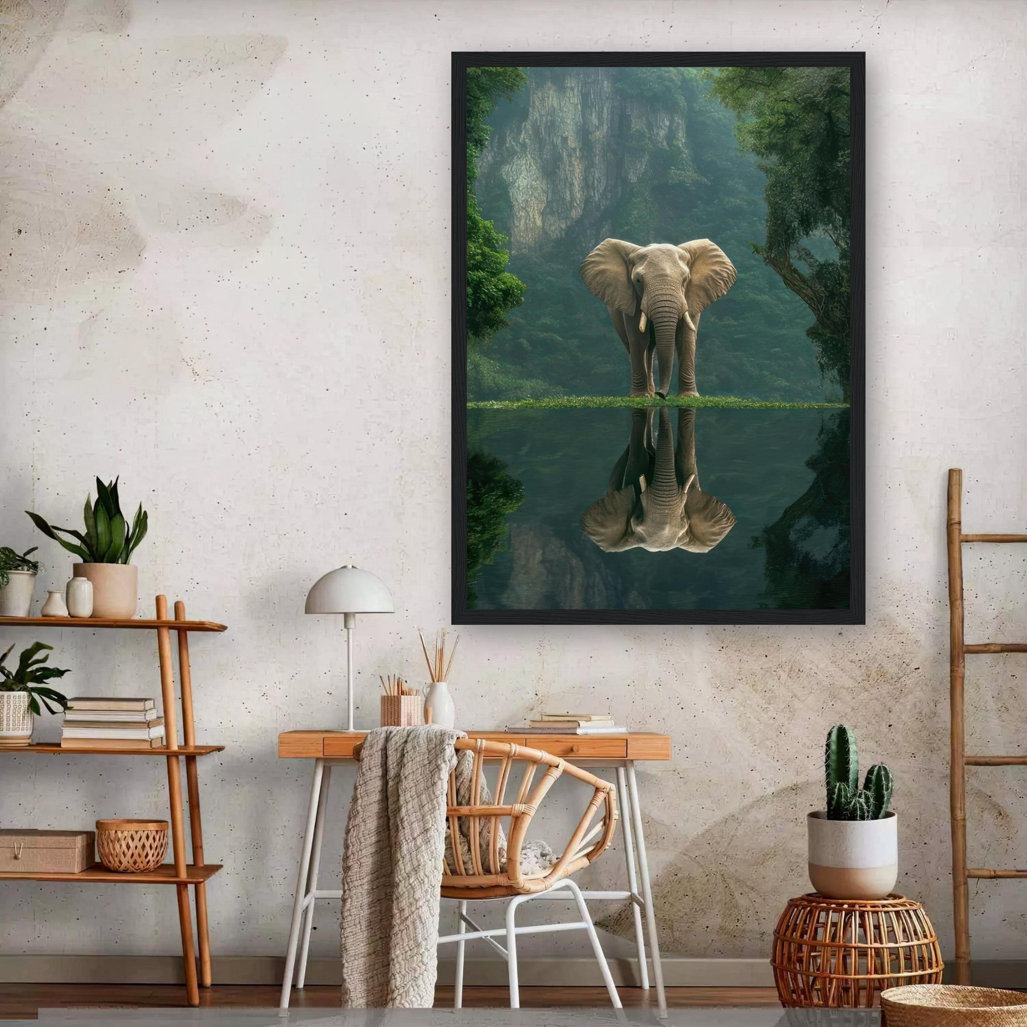 Framed print of a majestic elephant reflecting in water, surrounded by lush greenery, enhancing natural serenity.