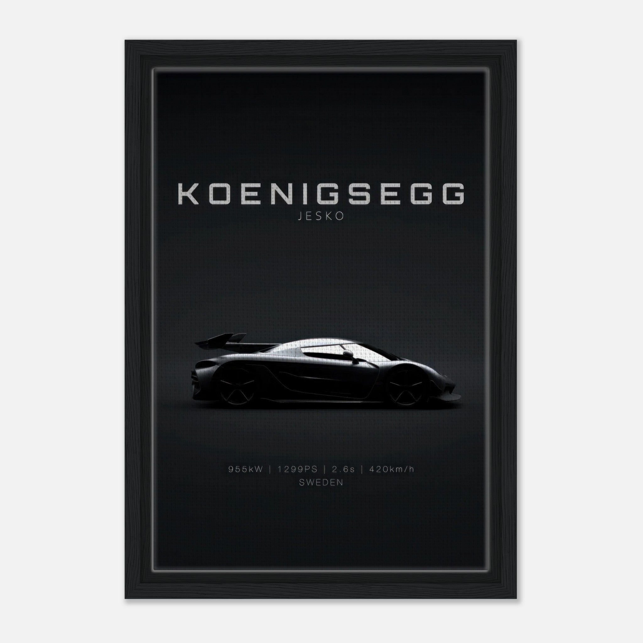 Koenigsegg Jesko framed canvas print showcasing the sleek silhouette of the hypercar on a minimalist black background.