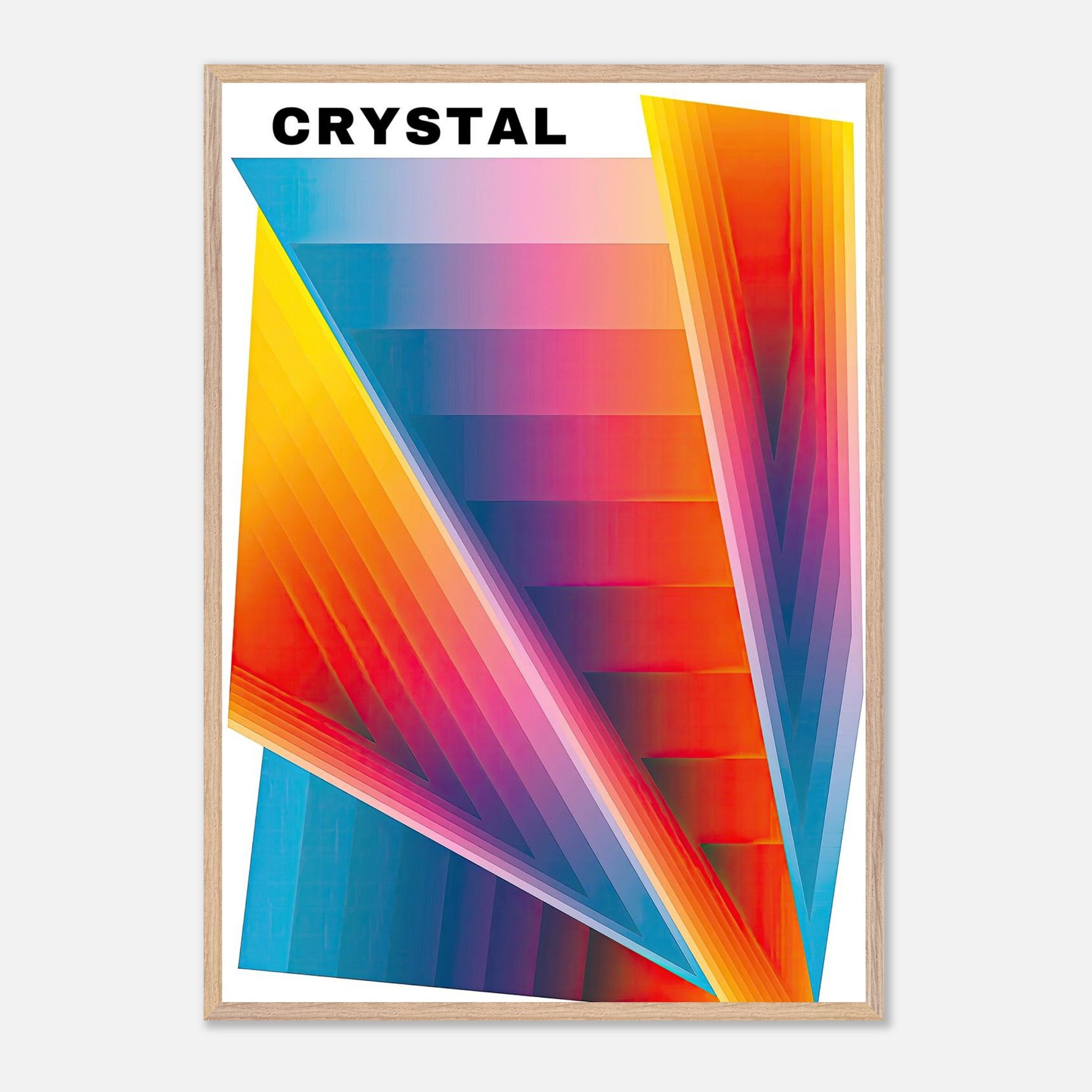 Colorful geometric Crystal Abstract Art print in vintage frame, featuring vibrant blue, orange, and pink layers.