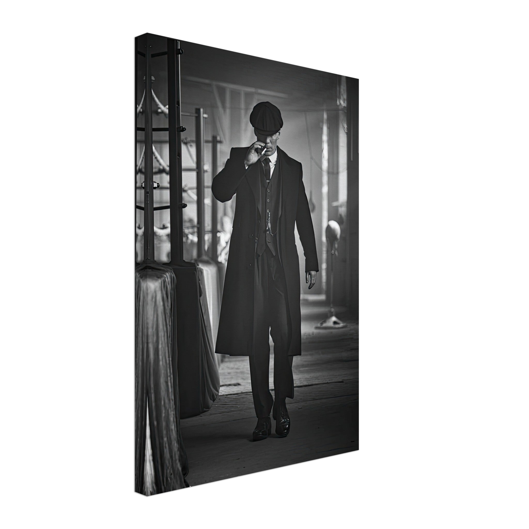 Tommy Shelby from Peaky Blinders in a stylish black and white canvas print, showcasing vintage gangster aesthetic.