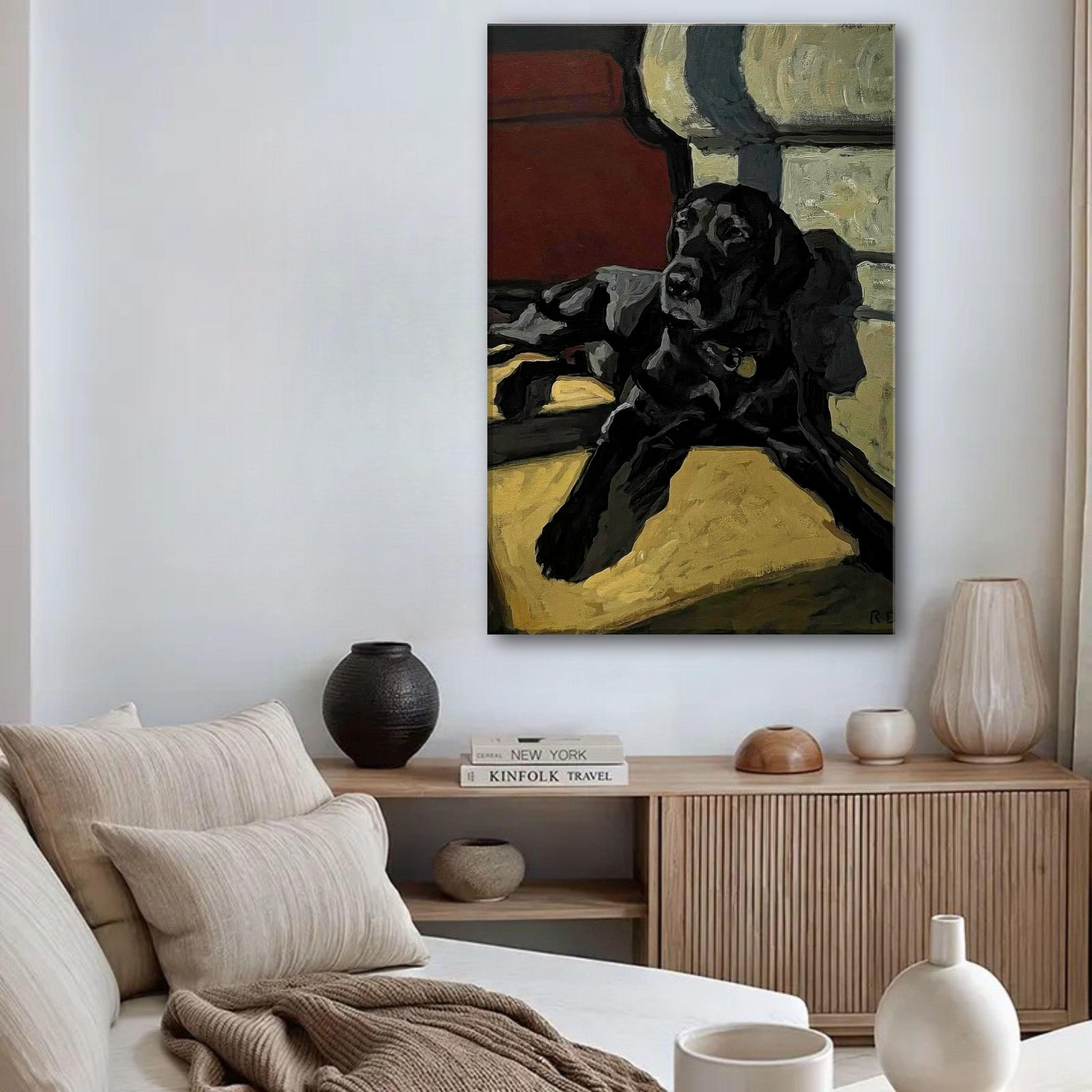Black Labrador dog painting canvas print displayed in a modern living room, featuring earthy tones and elegant design.