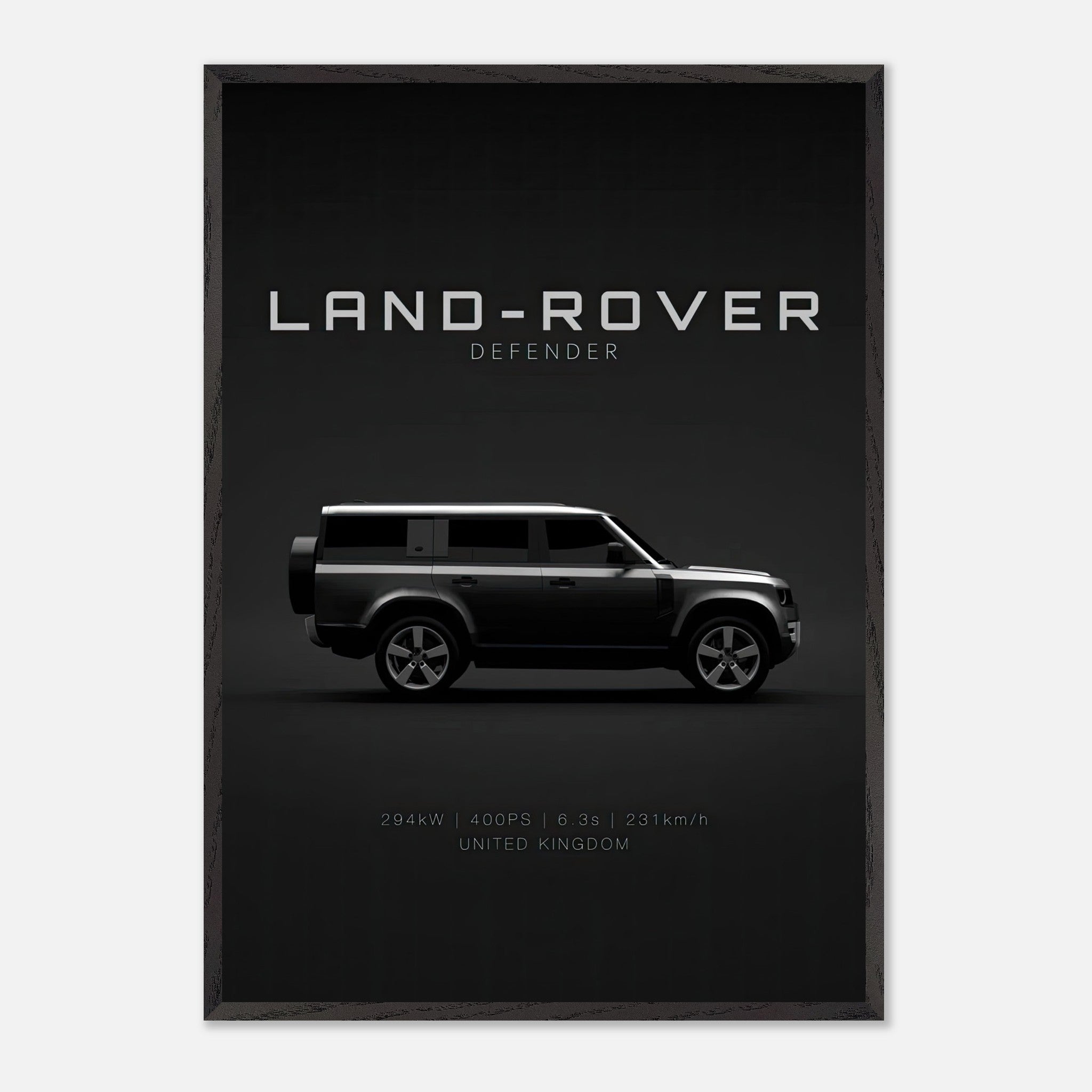 Vintage framed art of a Land Rover Defender, minimalist design showcasing its iconic silhouette against a black background.
