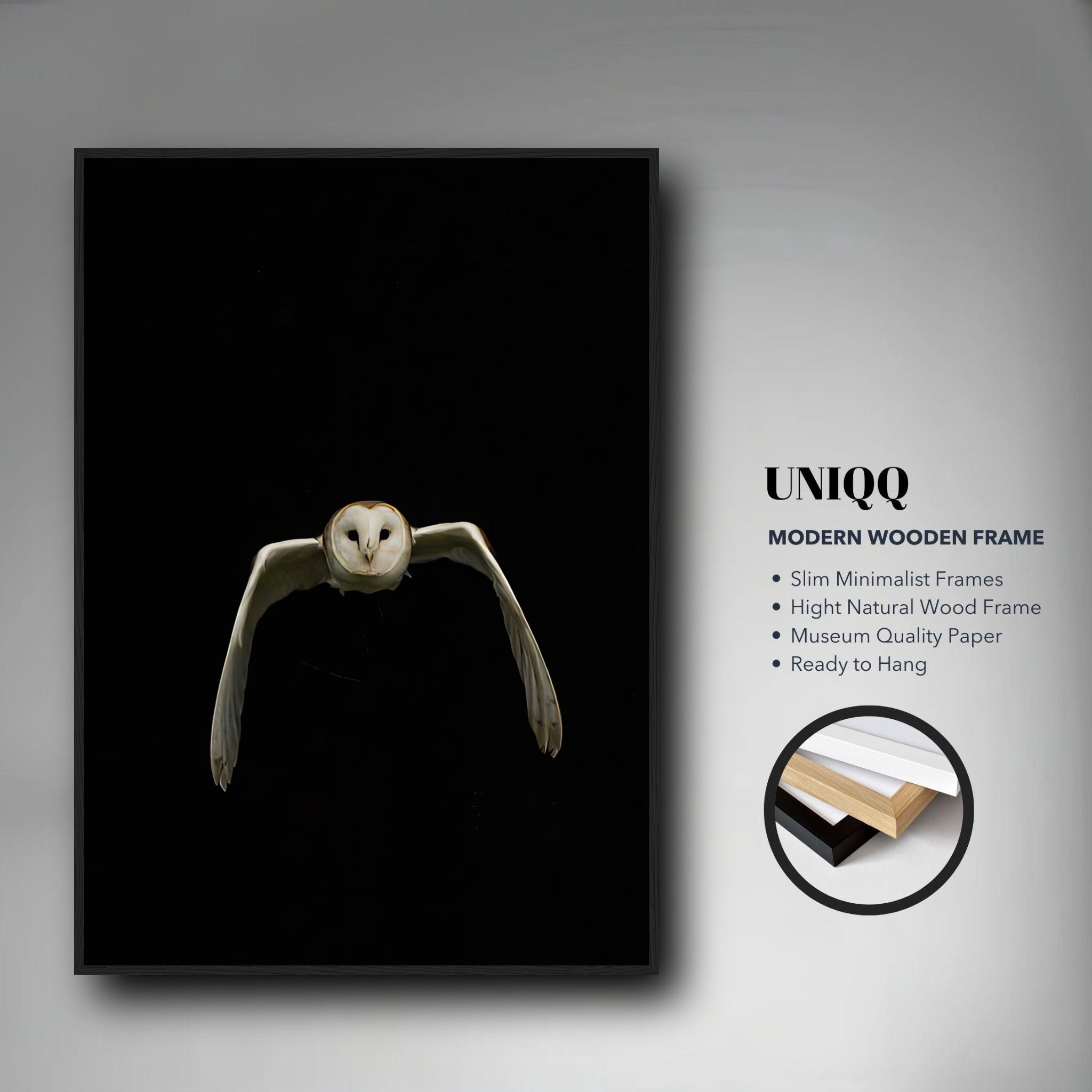 Owl framed print featuring a barn owl in flight against a black background, perfect for modern decor.