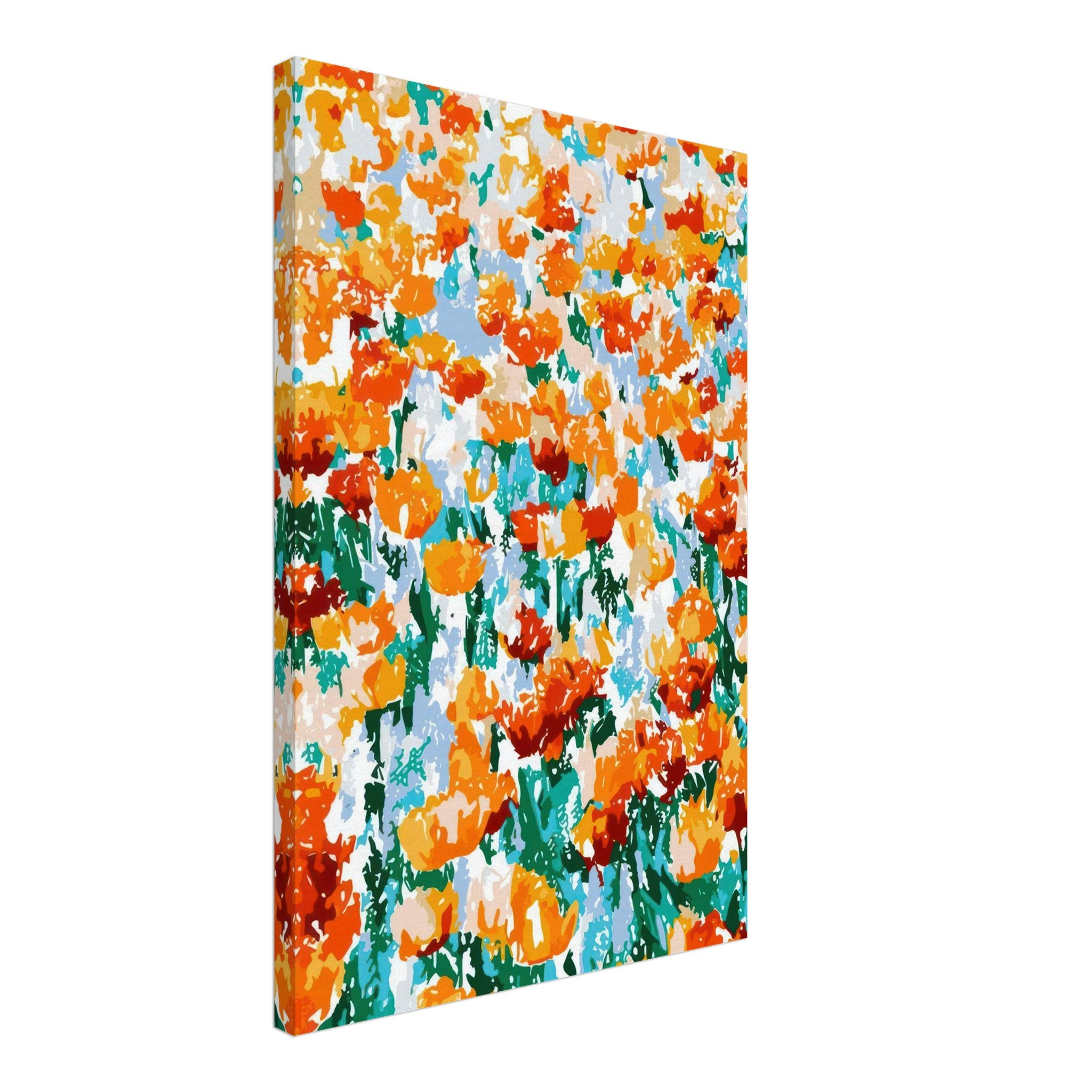 Vibrant abstract floral canvas print featuring bold orange and red tulips against a colorful background.