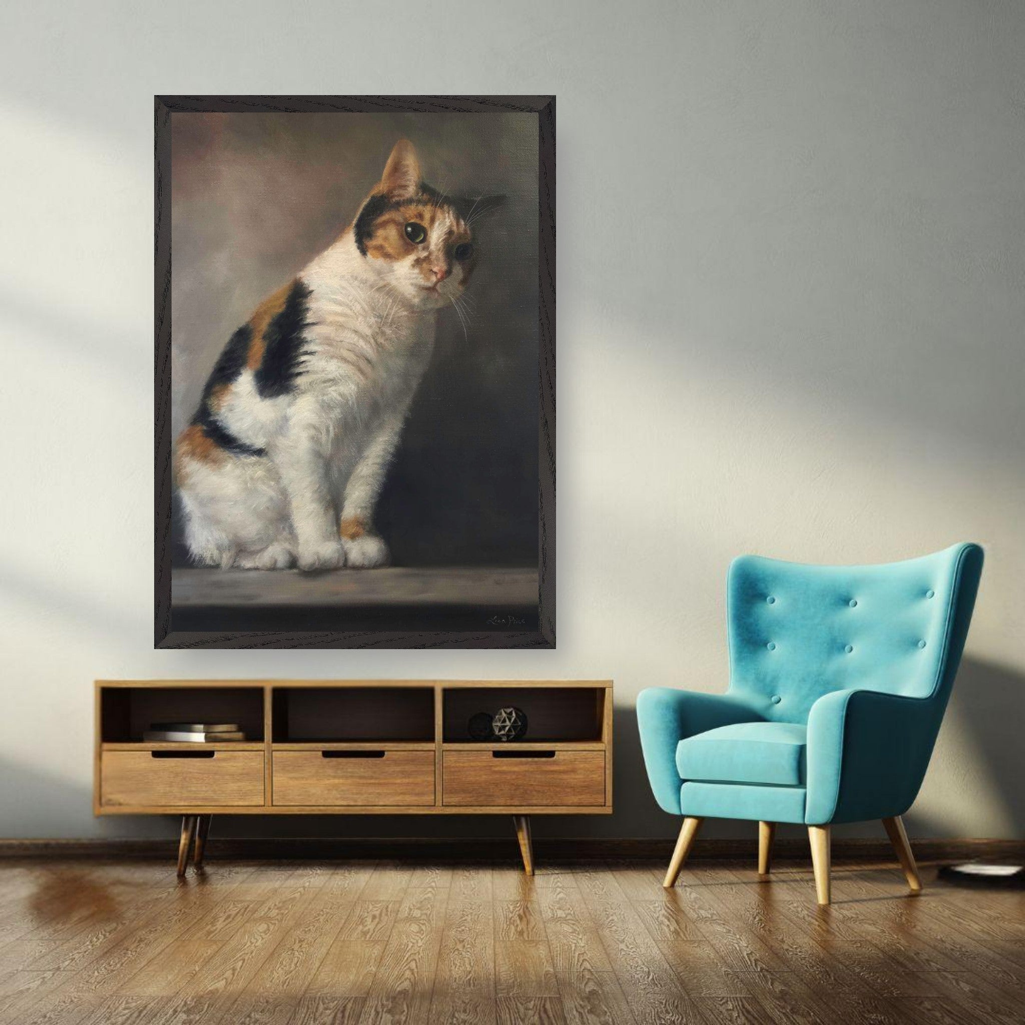 Realistic cat portrait painting displayed in a stylish living room, showcasing feline beauty and fine art.