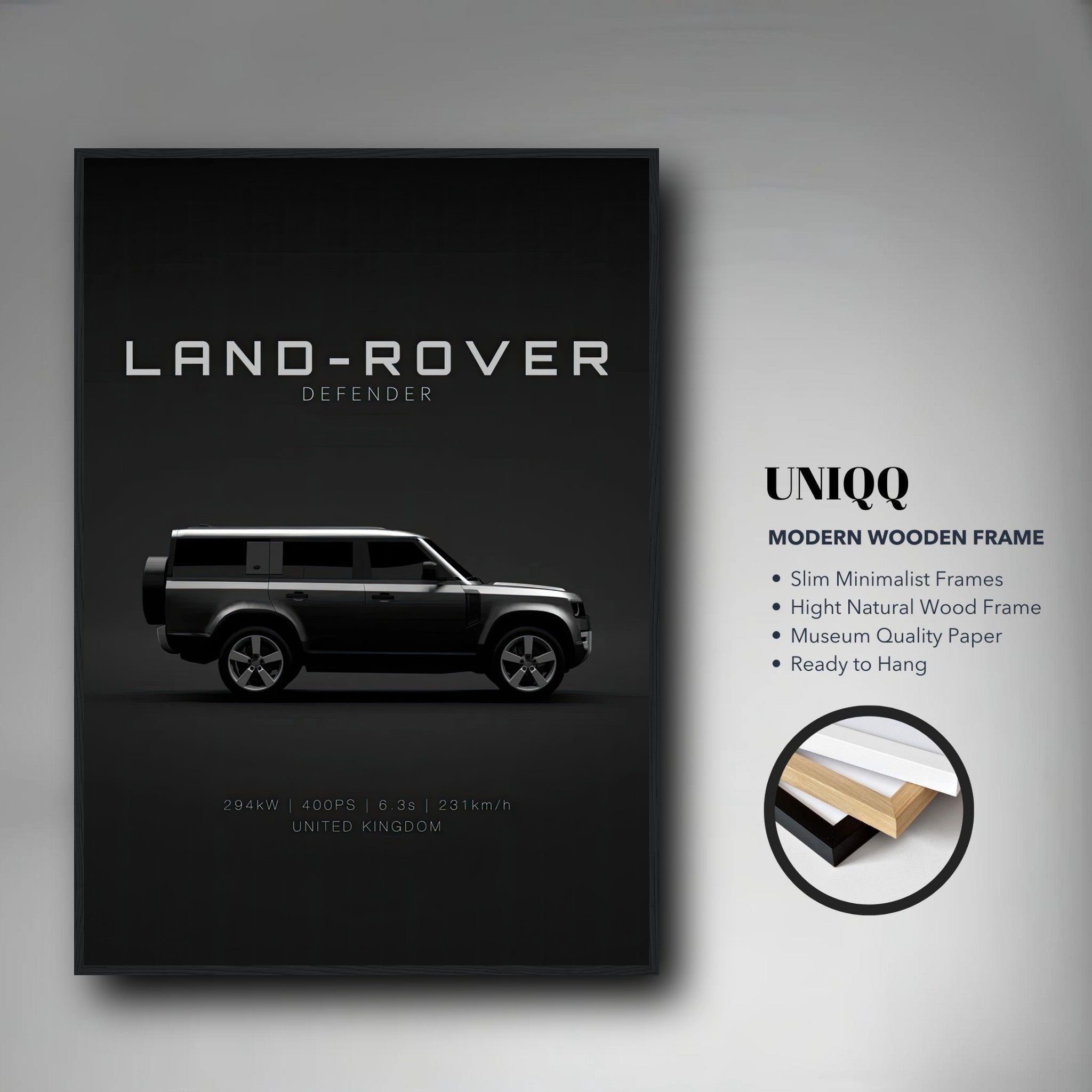 Framed print of Land Rover Defender showcasing sleek design and minimalist features, perfect for car enthusiasts.