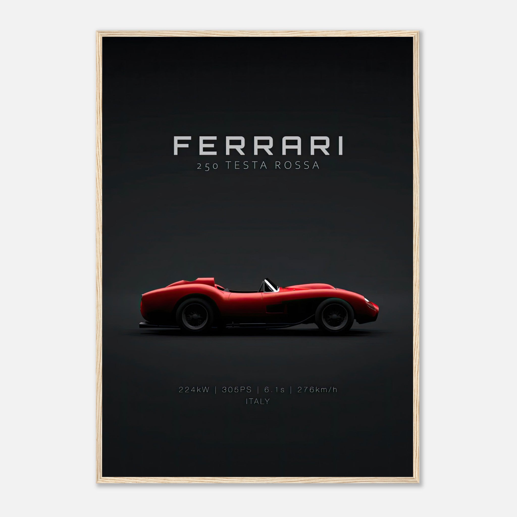 Ferrari 250 Testa Rossa framed poster showcasing classic car design on a minimalist black background.