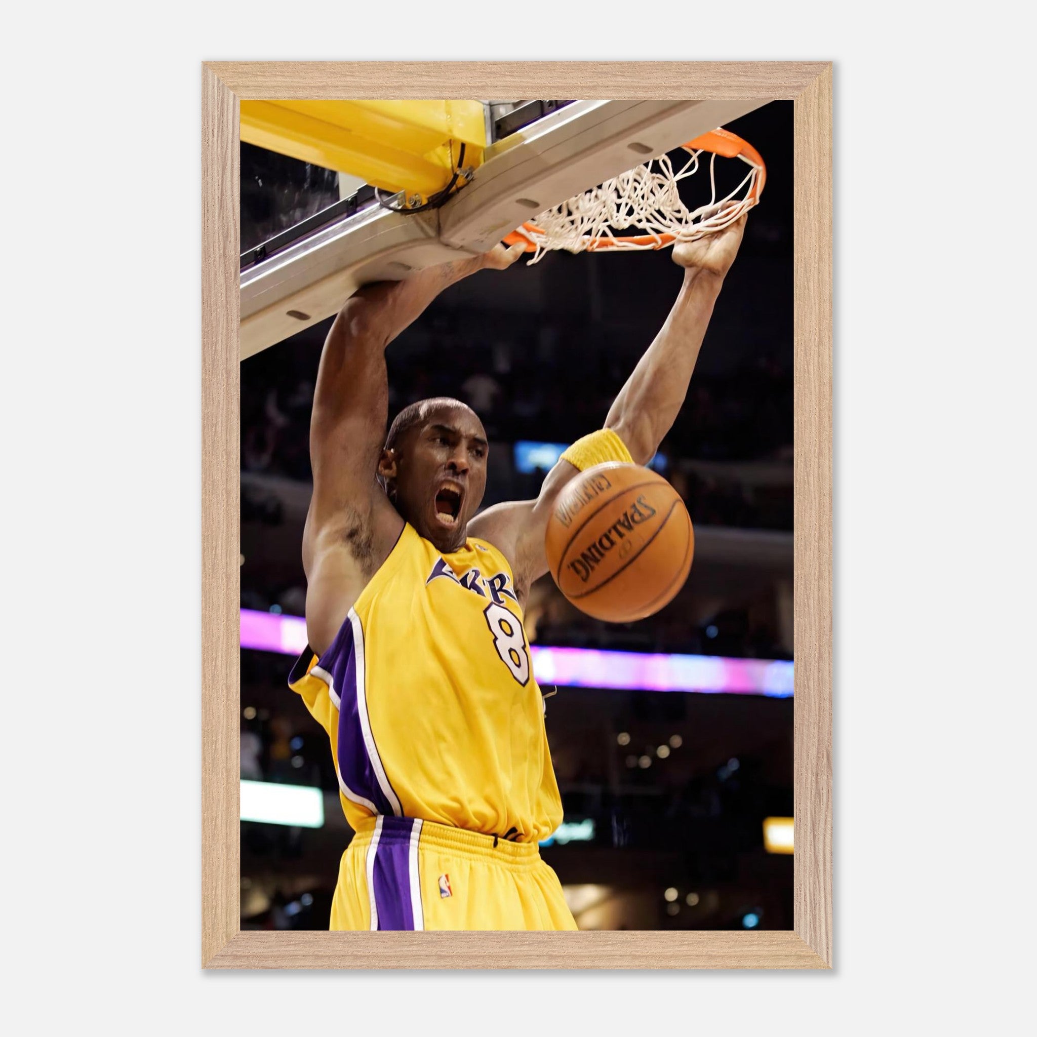 Kobe Bryant performing a dynamic slam dunk in a Lakers uniform, captured in high-quality fine art print.