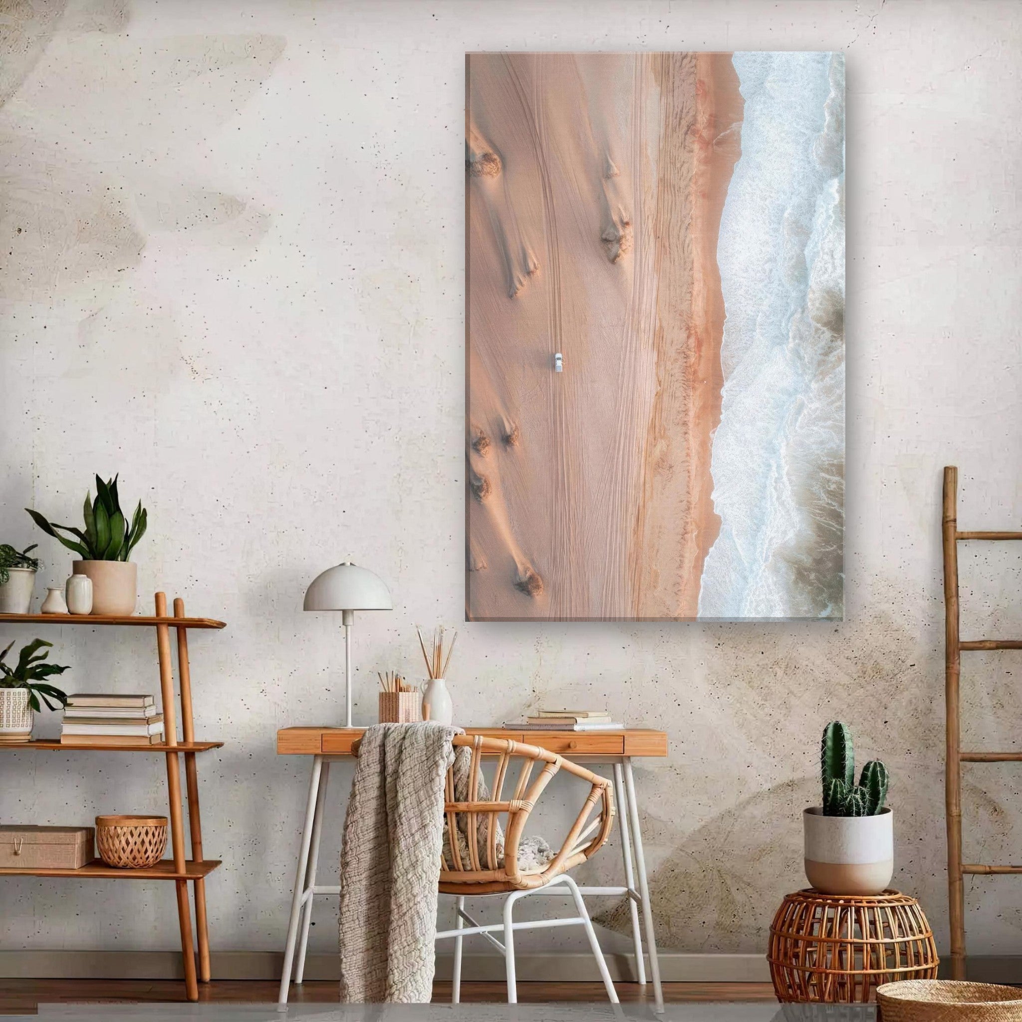 Drone photography canvas print of desert and ocean contrasting textures and colors in a modern interior setting.