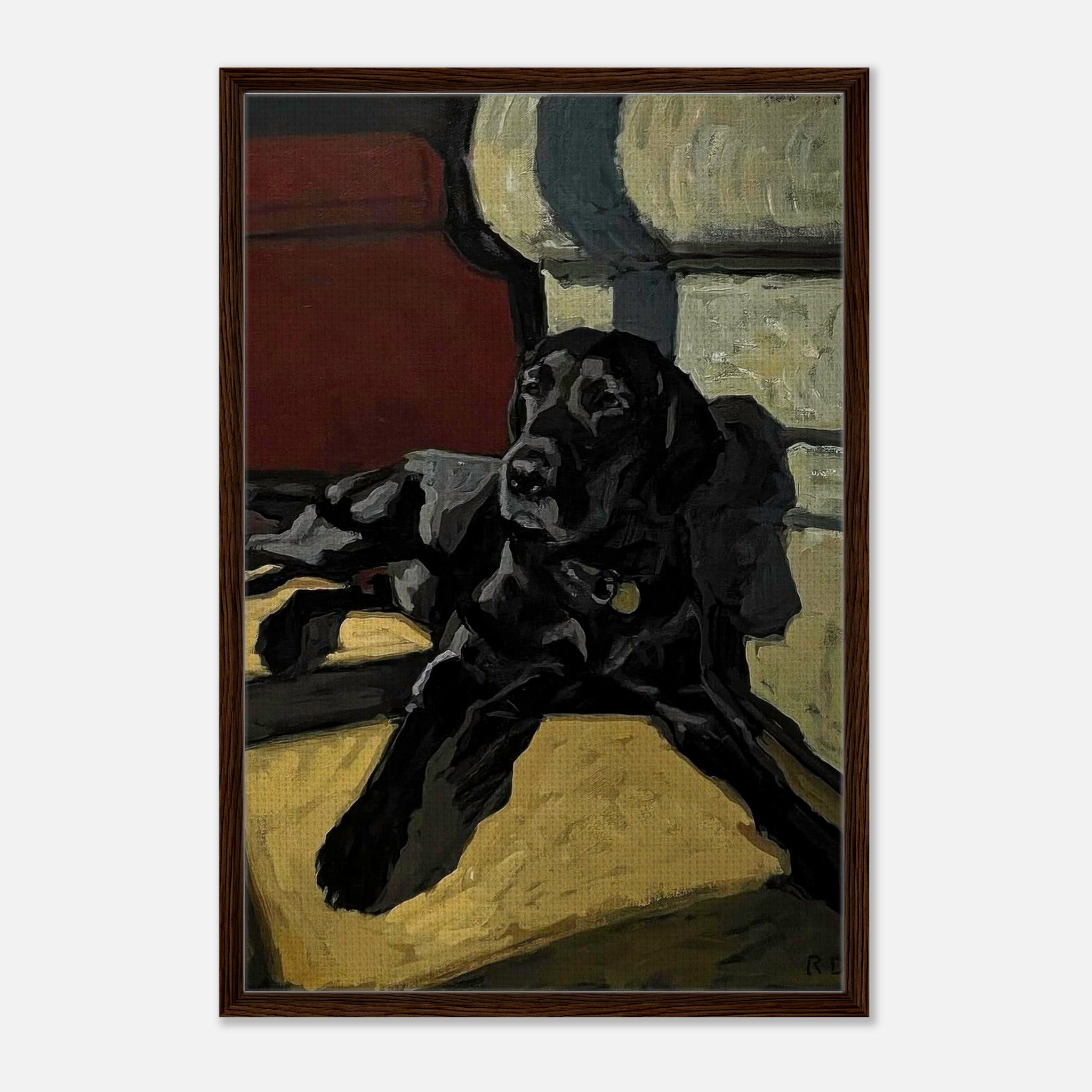 Framed canvas print of a black Labrador dog lounging in sunlight, showcasing rich colors and expressive brushstrokes.