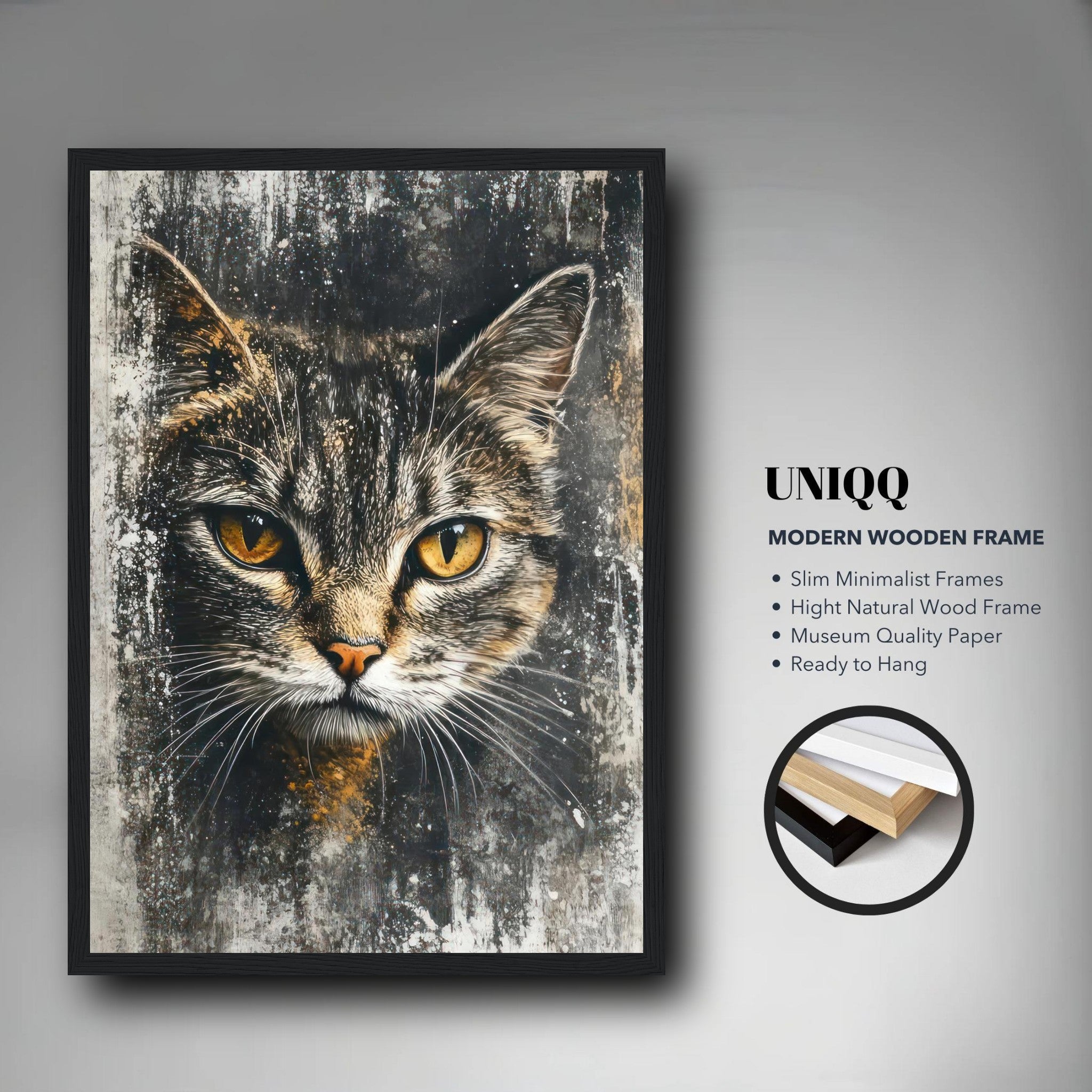 Close-up of a cat with golden eyes in a modern wooden frame, perfect for home decor.