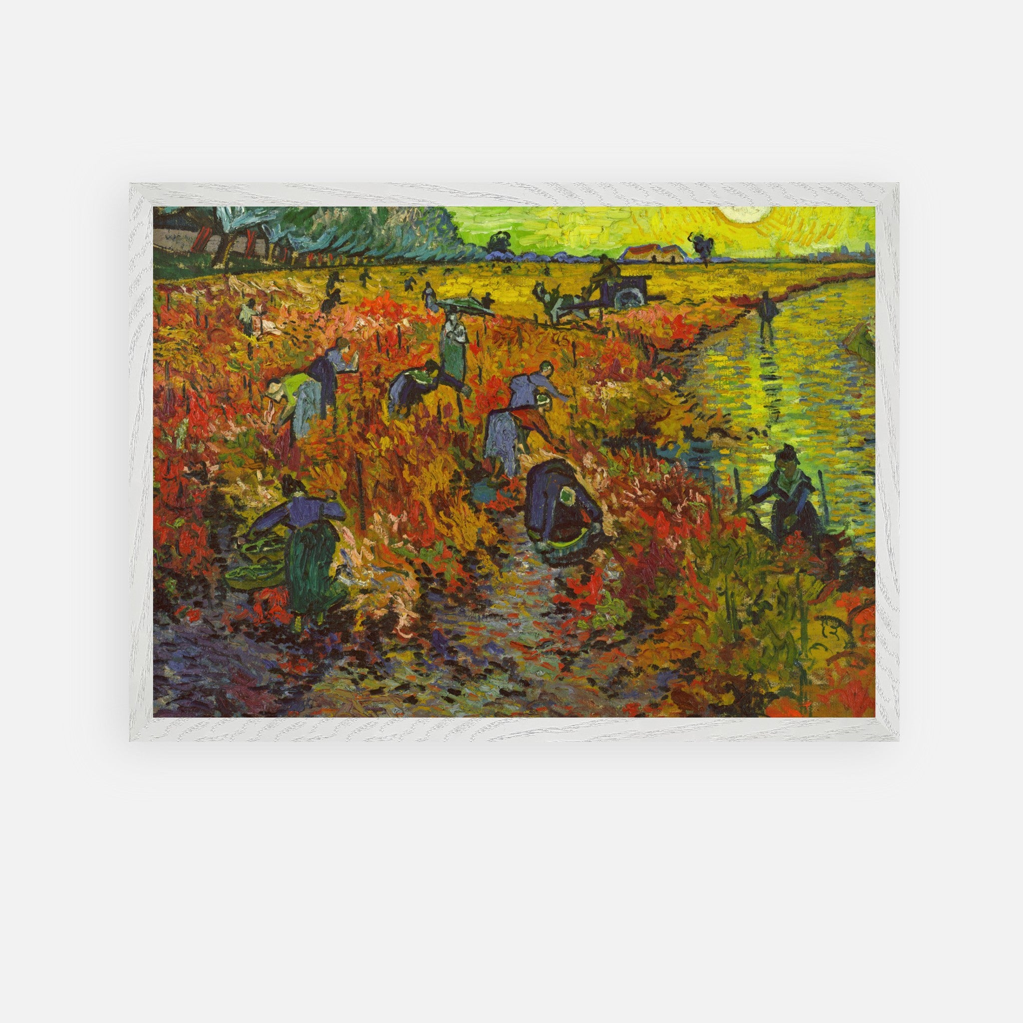 The Red Vineyard by Van Gogh framed art print featuring grape harvesters in autumn colors.