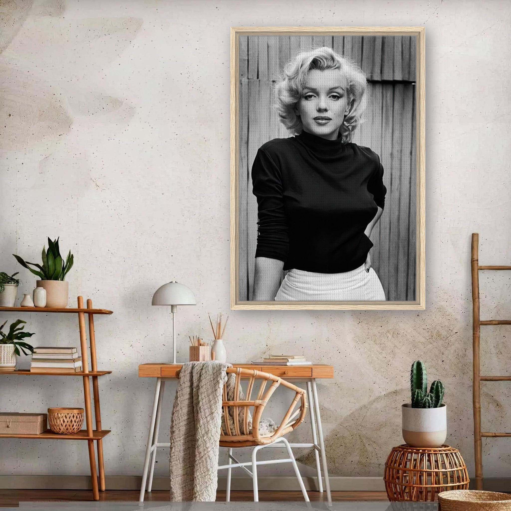 Marilyn Monroe framed black-and-white canvas print displayed in modern living room decor.