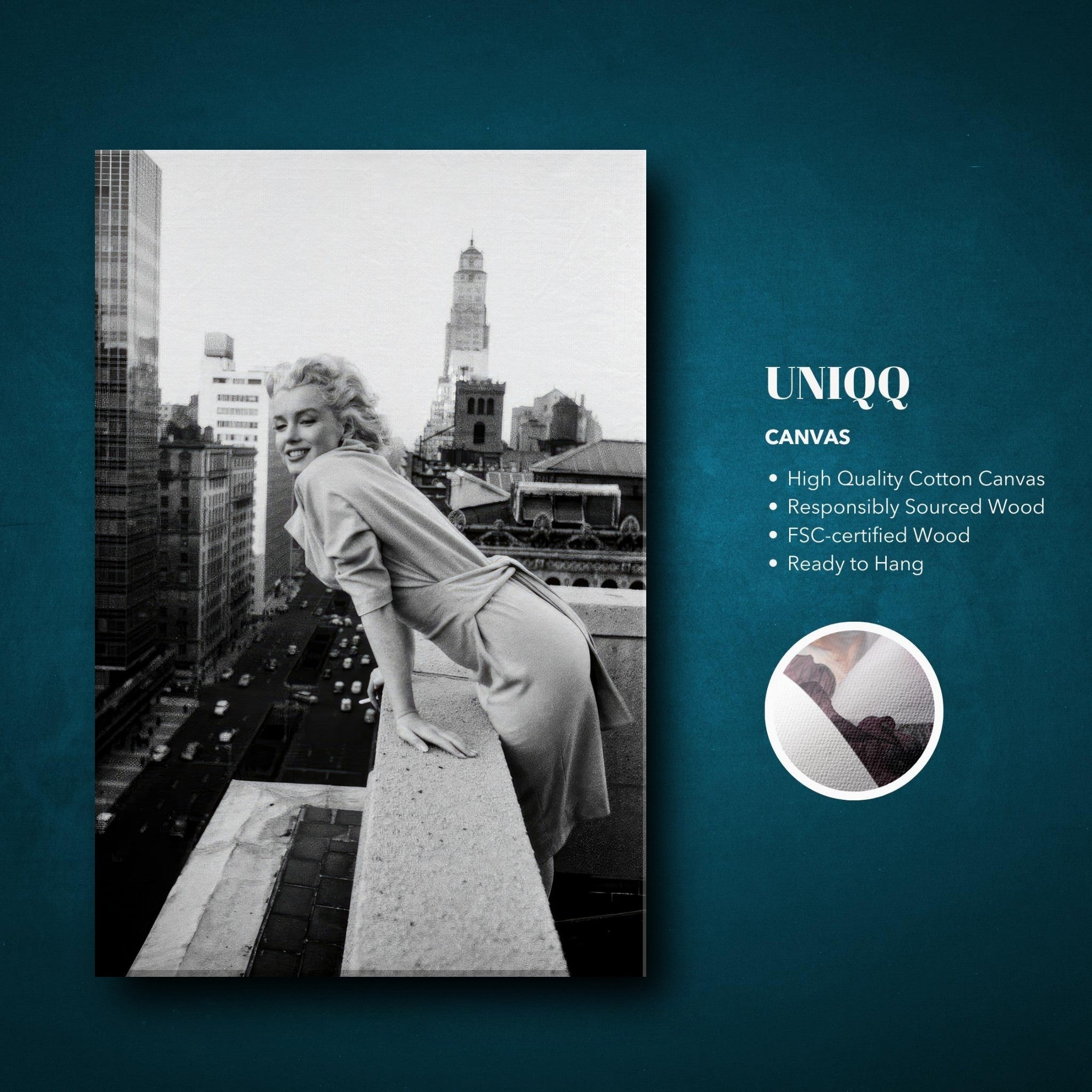 Marilyn Monroe on rooftops of New York, iconic black-and-white canvas art, vintage Hollywood elegance.