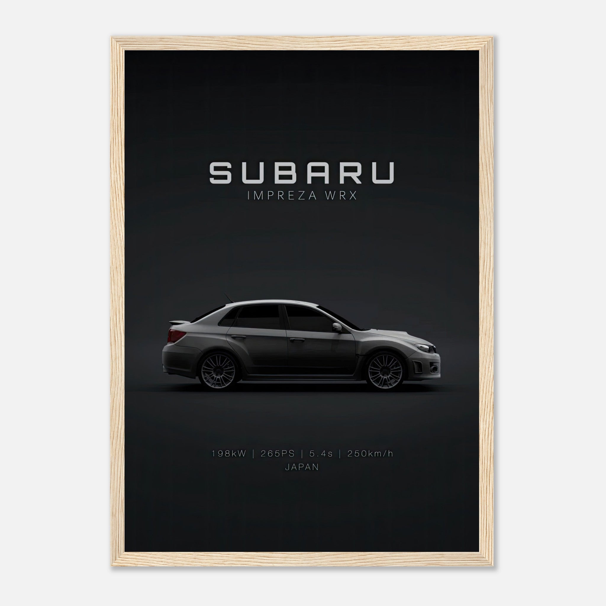 Subaru WRX framed poster featuring a sleek silhouette against a dark background, showcasing speed and precision.