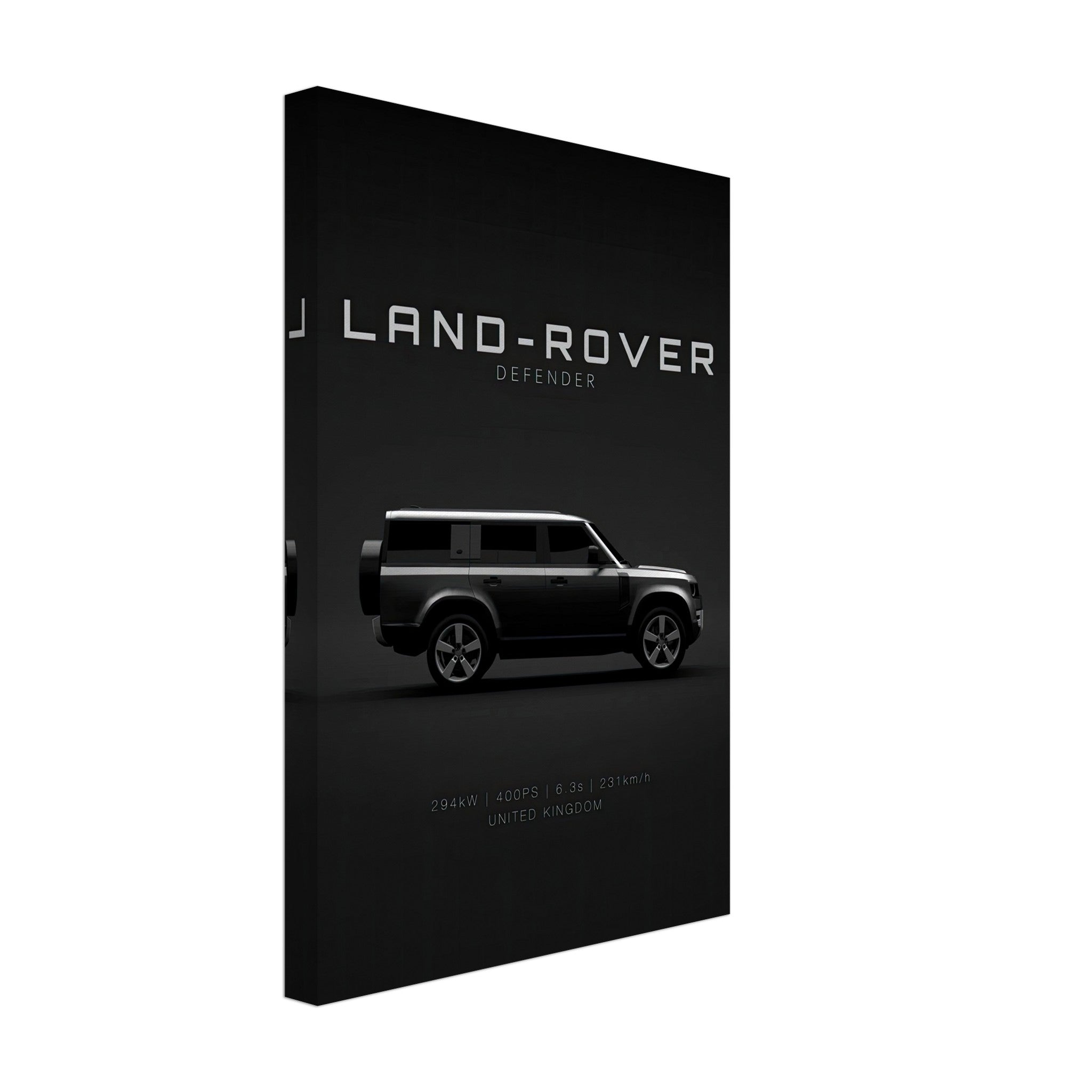 Land Rover Defender canvas art featuring a sleek side profile on a minimalist black background.