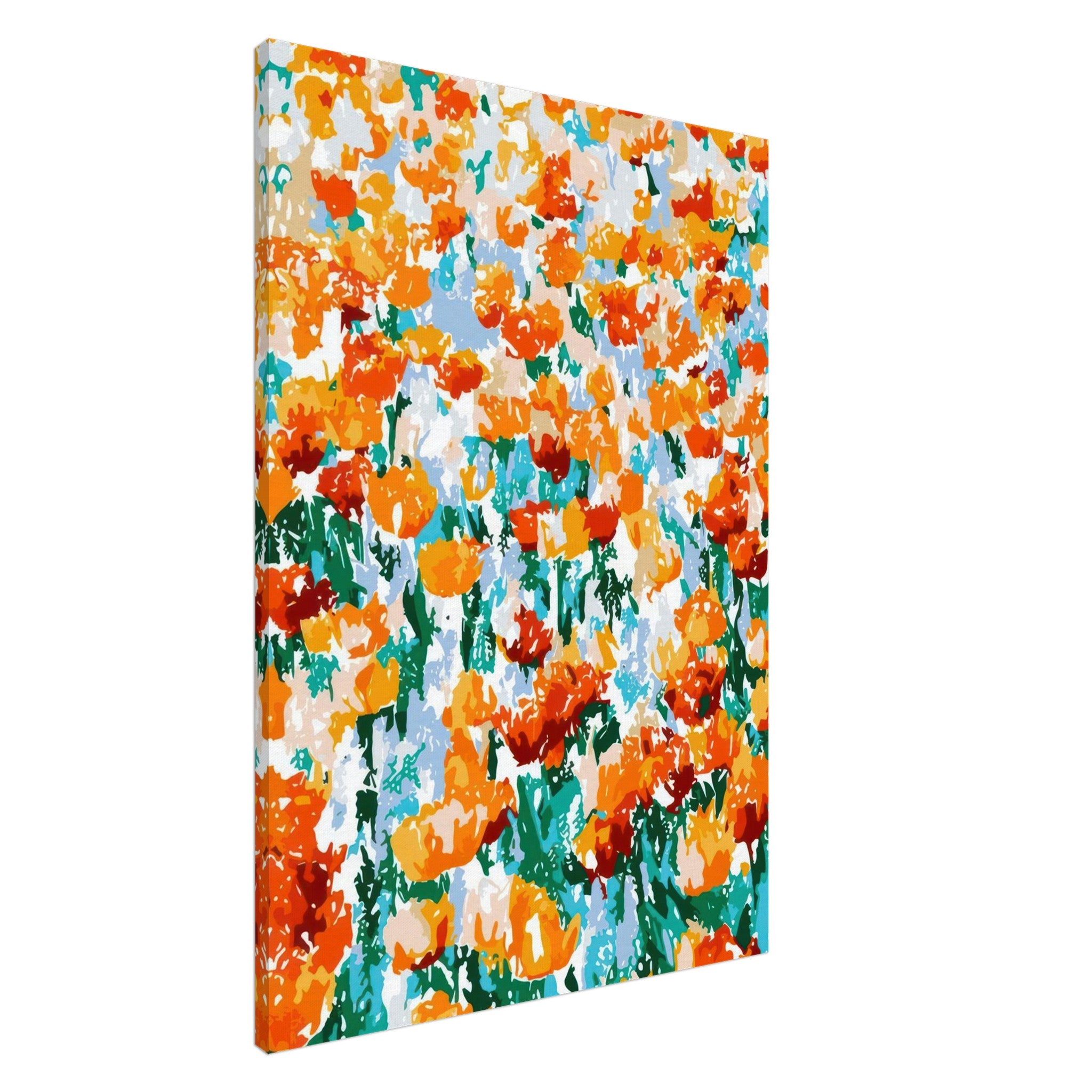 Vibrant abstract floral tulip garden canvas print with bold orange and red tulips against a soft blue background.