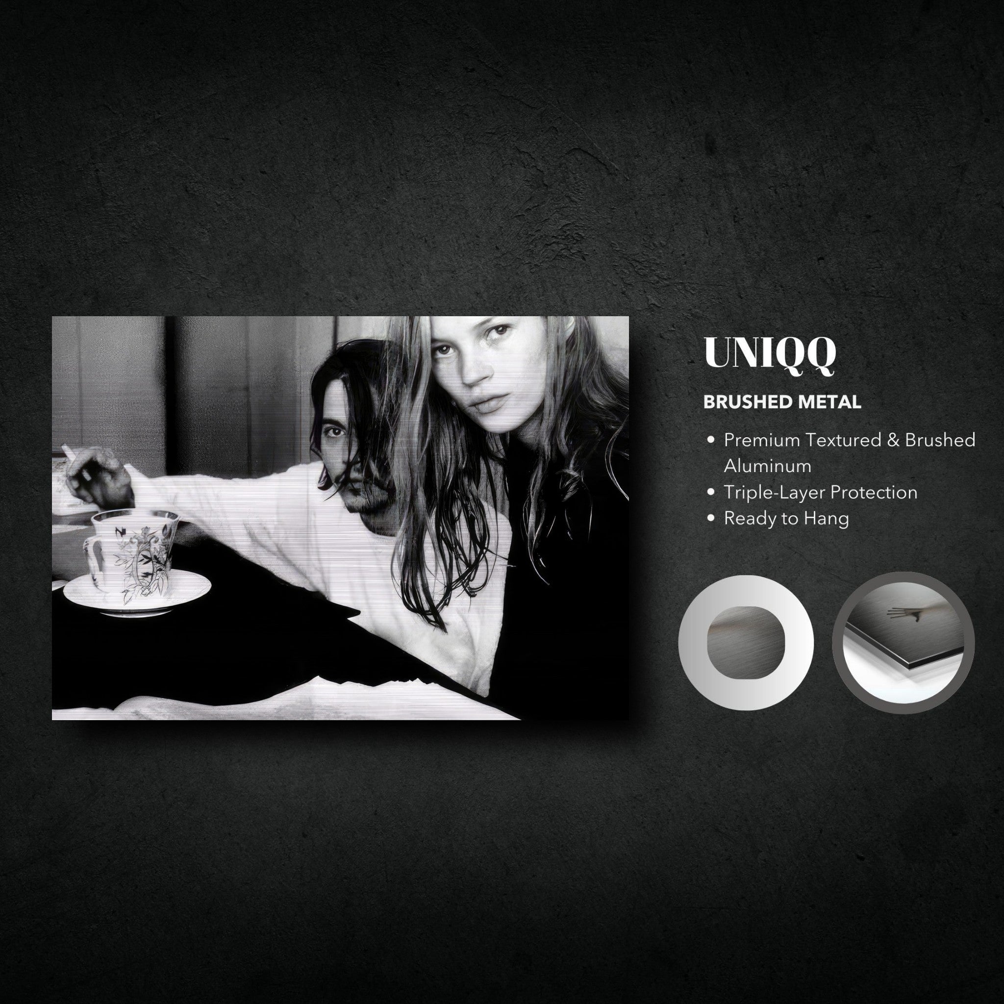 Rebel Romance brushed metal print of Johnny Depp and Kate Moss in a striking black and white photograph.