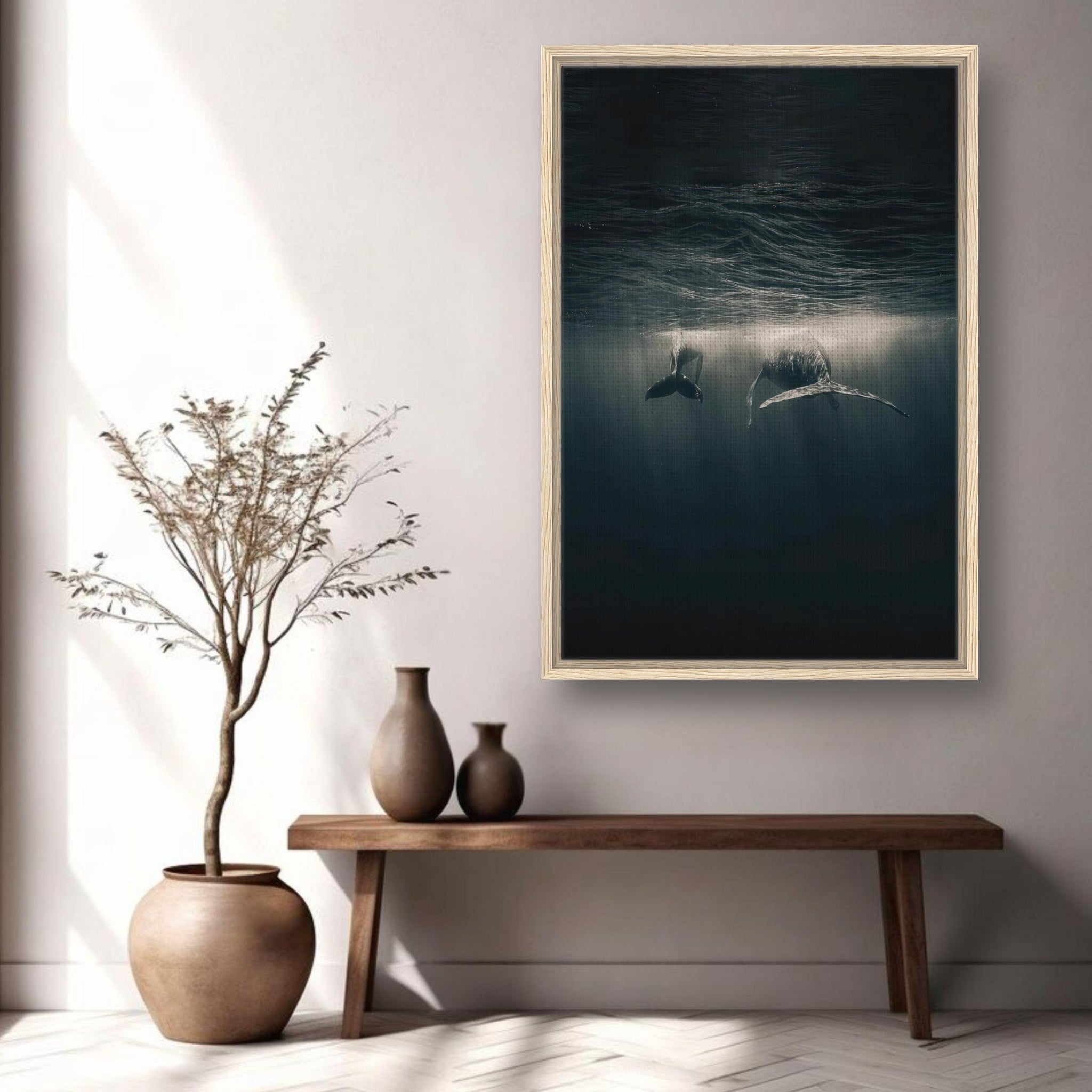 Whales swimming underwater in a framed canvas print, showcasing deep ocean hues and soft sunlight beams.
