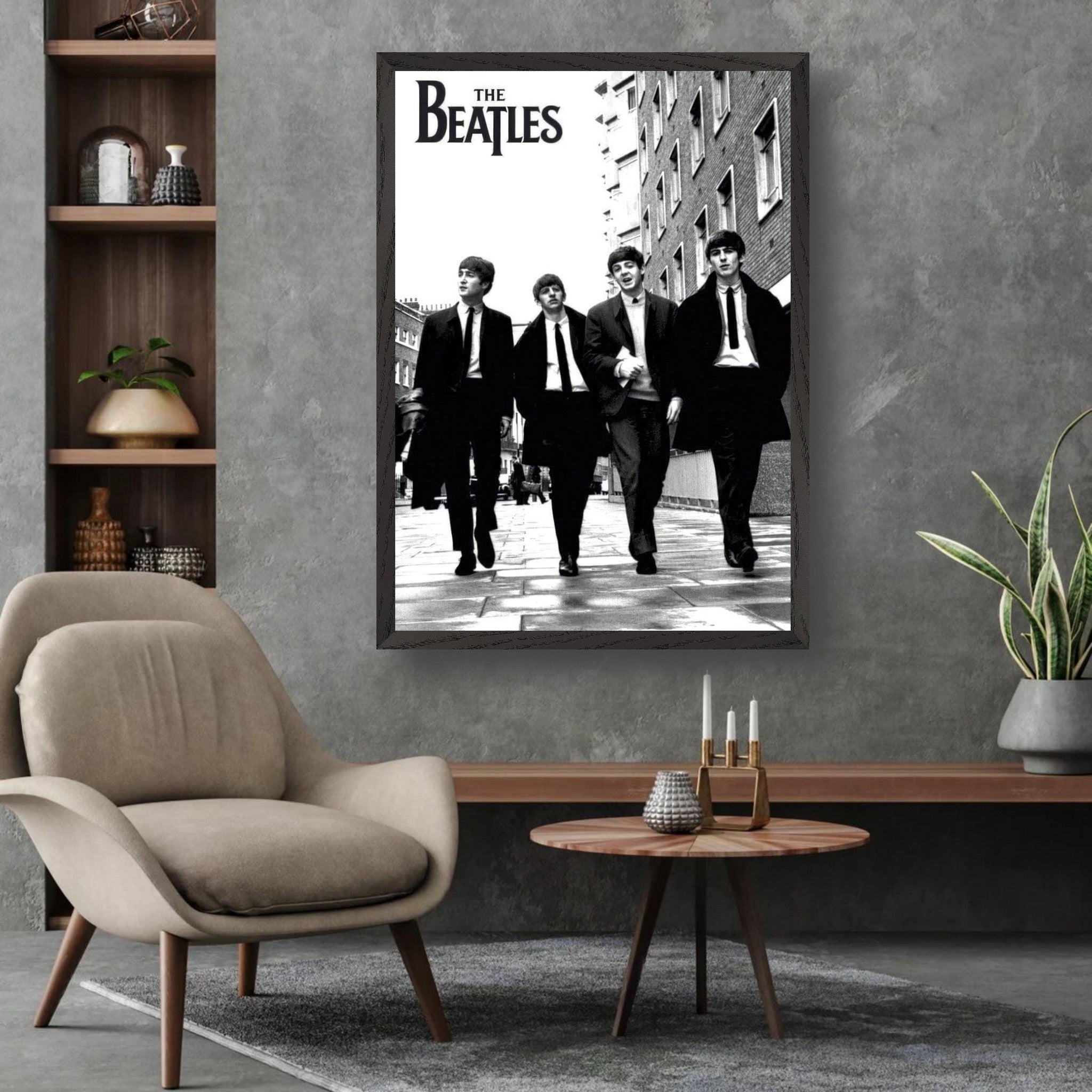 The Beatles fine art print in a modern living room setting, capturing the band's iconic style and essence.
