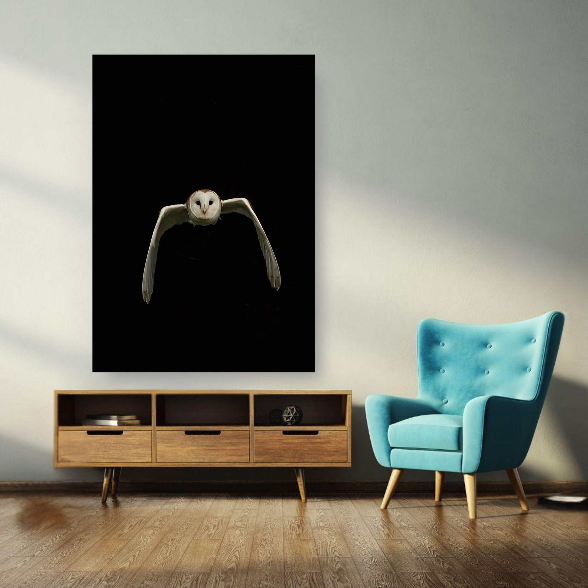 Owl poster featuring a barn owl gliding against a black background, adding elegance to home decor.