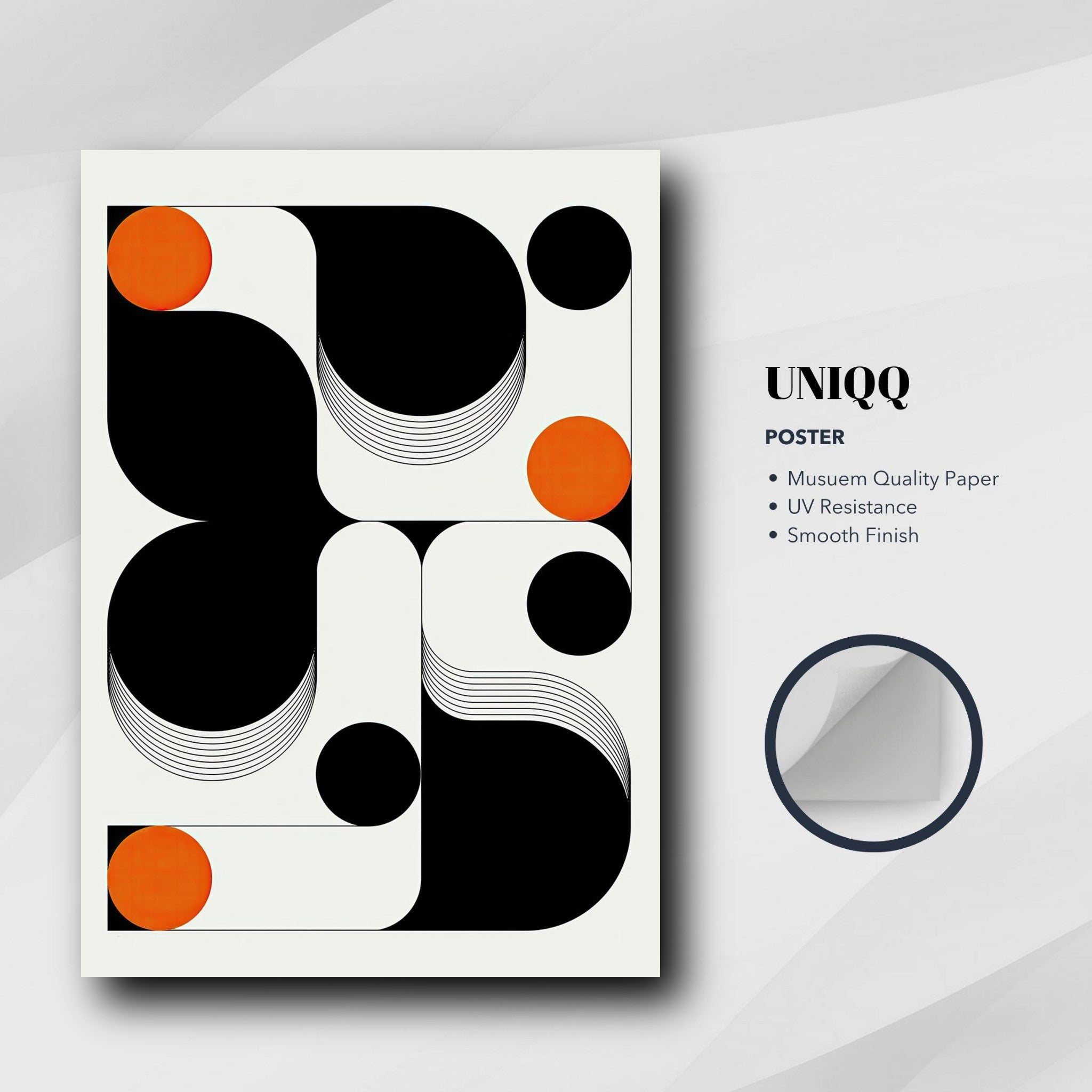 Modern geometric abstract art poster featuring bold lines and orange accents on a monochrome background.