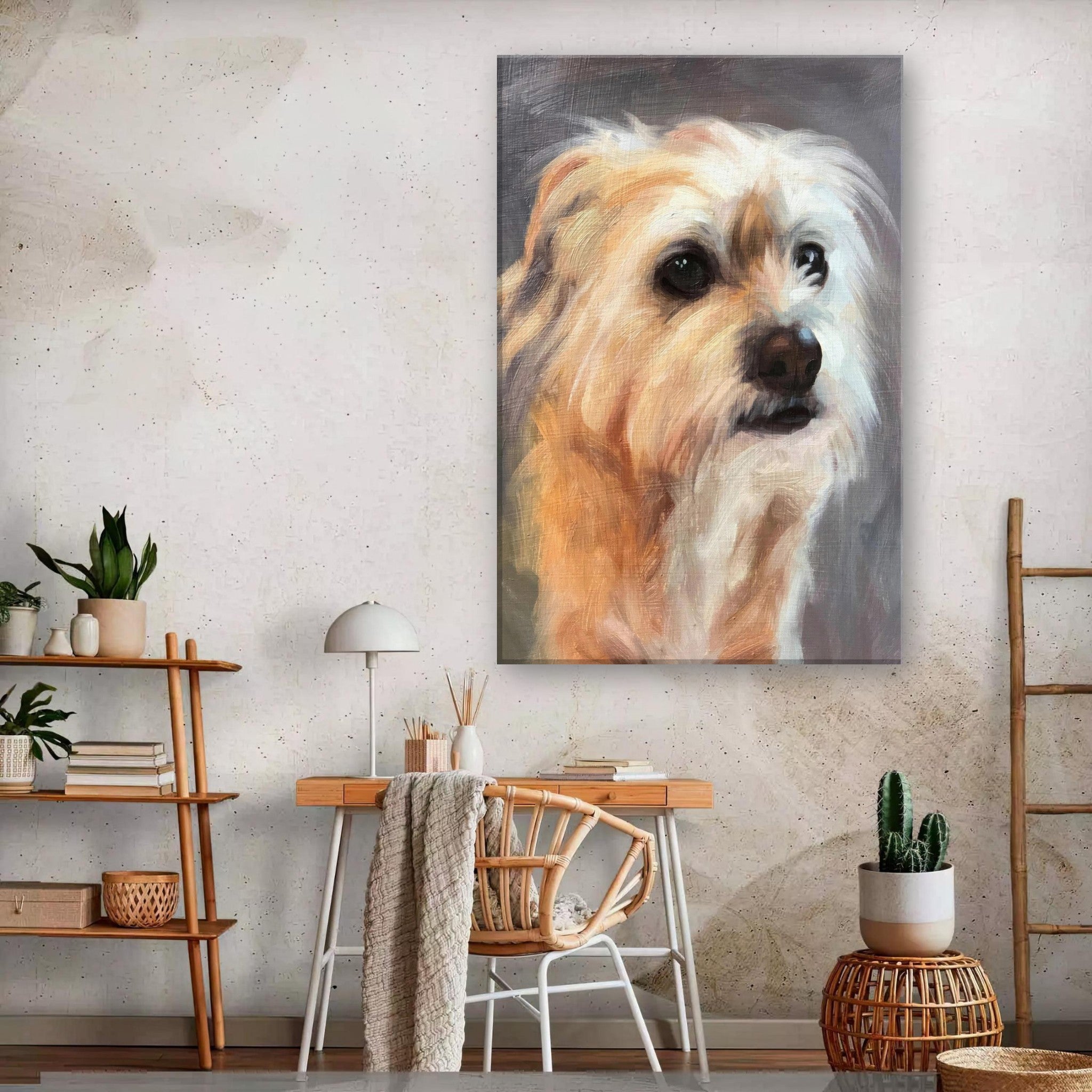 Lifelike terrier dog painting canvas print featuring expressive eyes and warm colors, perfect for home decor.
