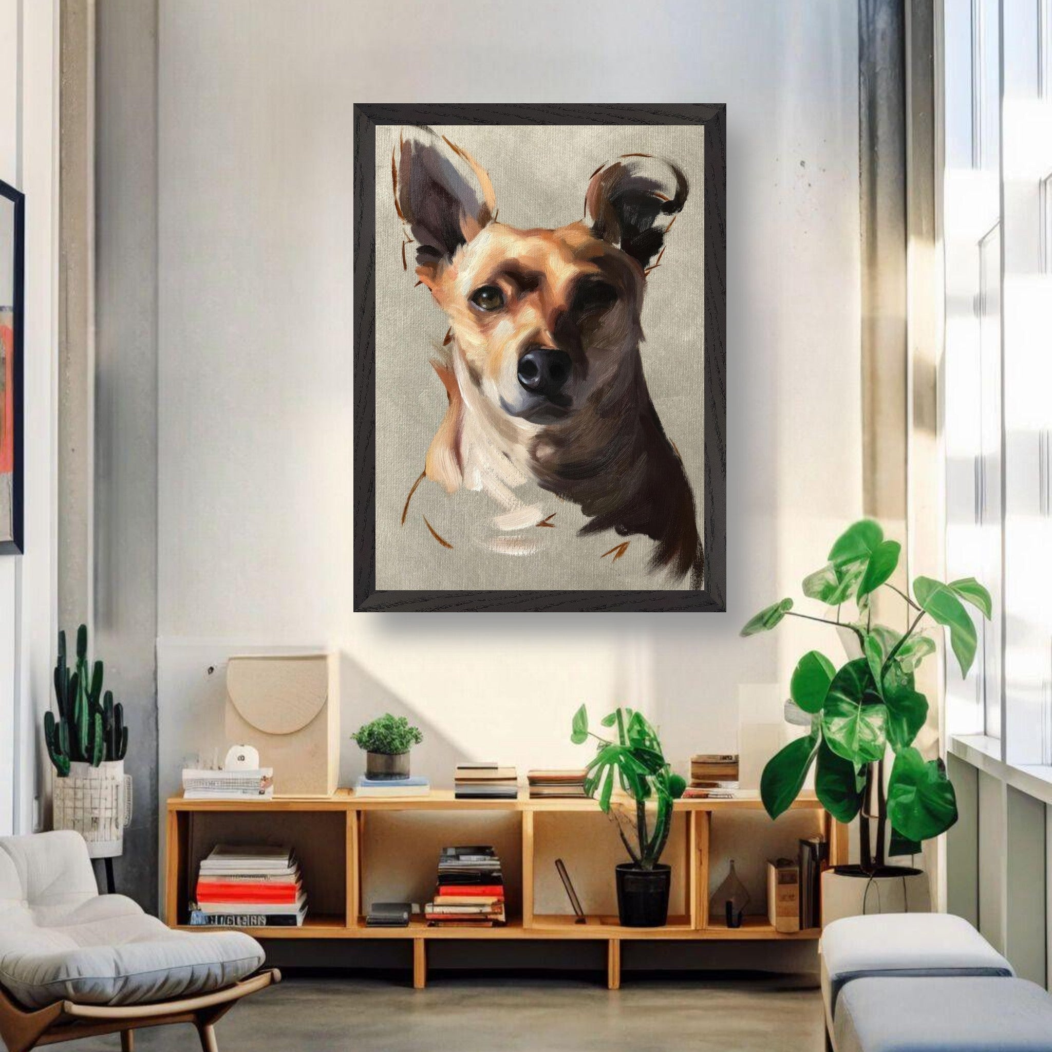 Chihuahua dog painting in a vintage frame displayed in a modern living room with plants.