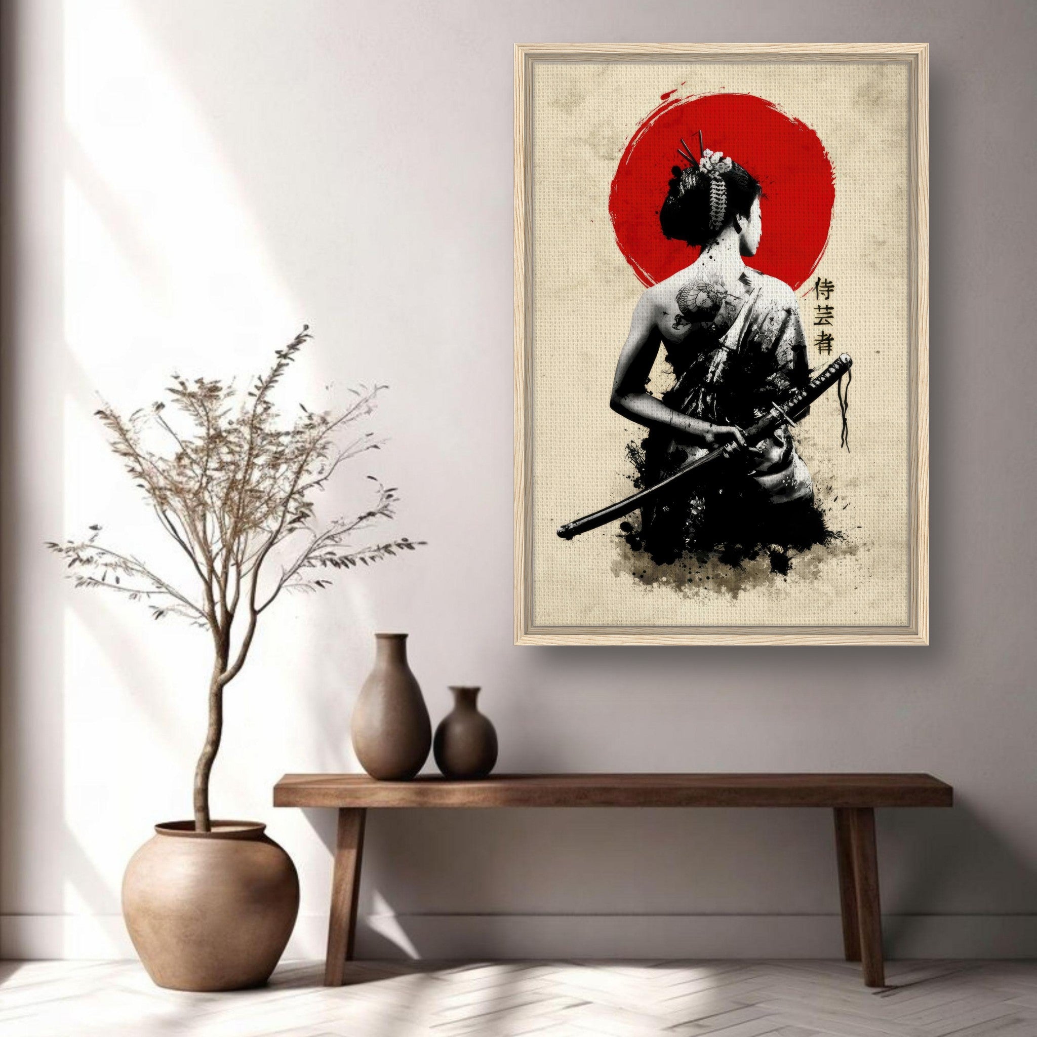 Framed canvas art of a geisha holding a katana, with a red sun backdrop, symbolizing strength and elegance.