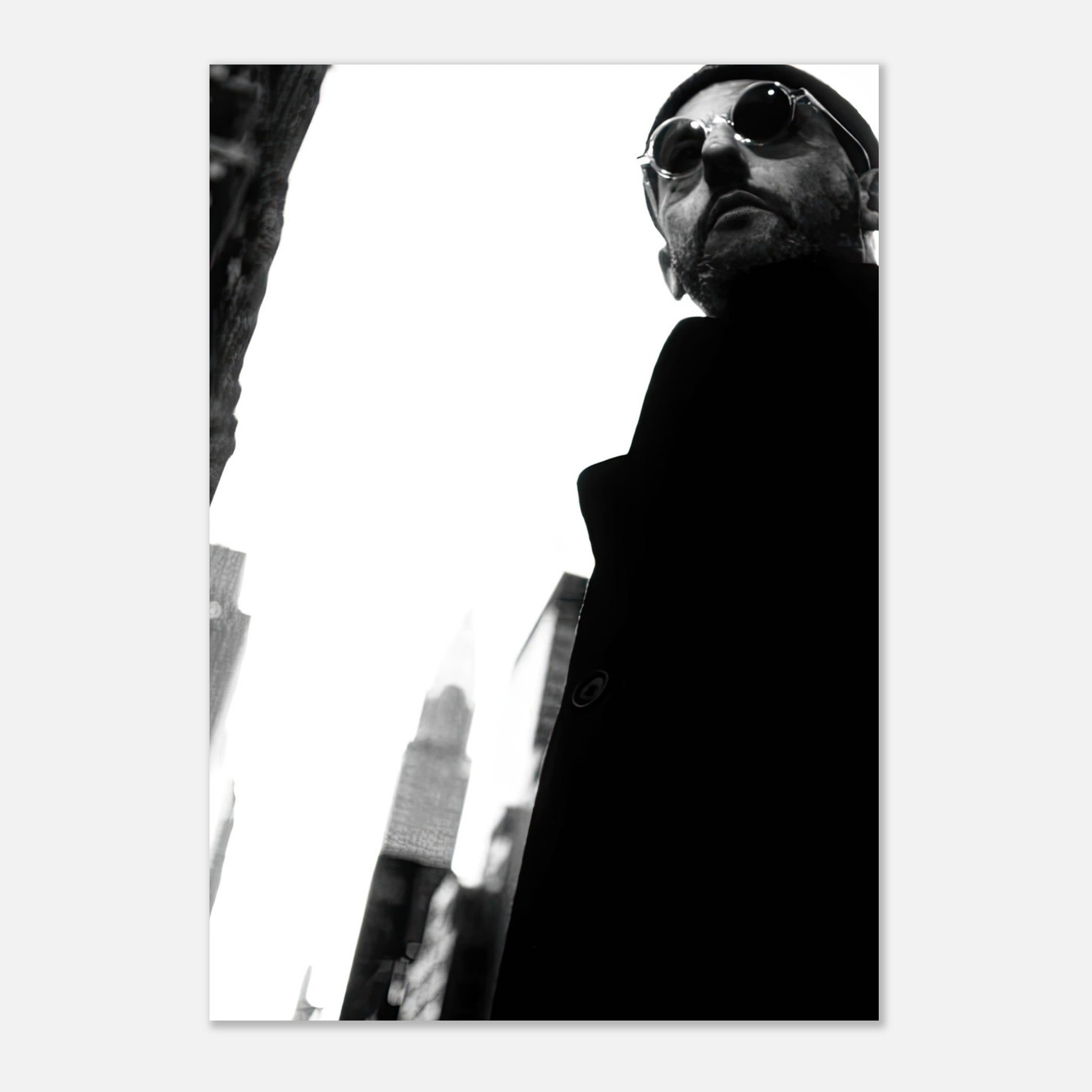 Leon Photography - Jean Reno Metal Print in bold monochrome, showcasing an enigmatic urban portrait.
