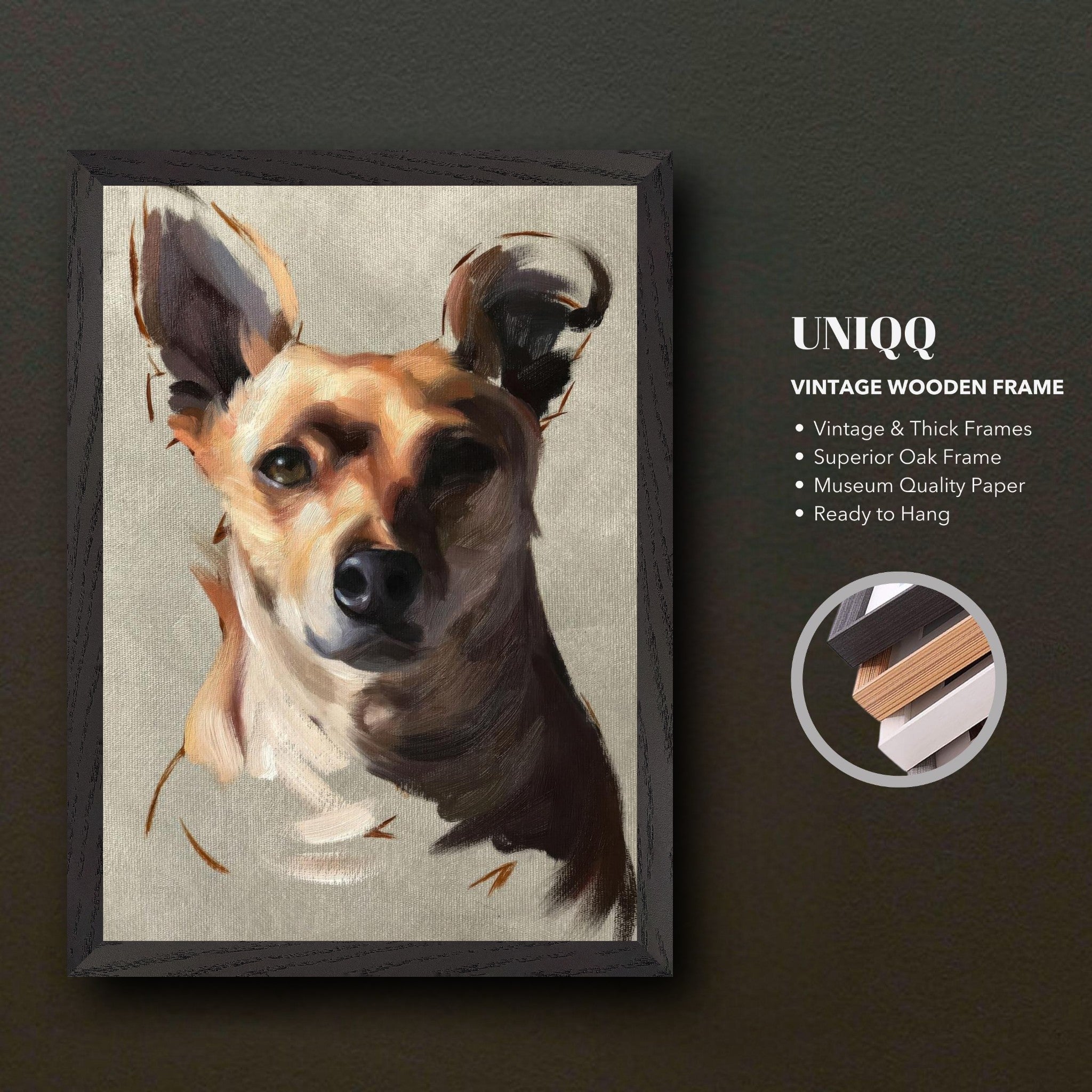 Vintage framed Chihuahua dog painting on high-quality canvas, showcasing expressive brushstrokes and warm colors.