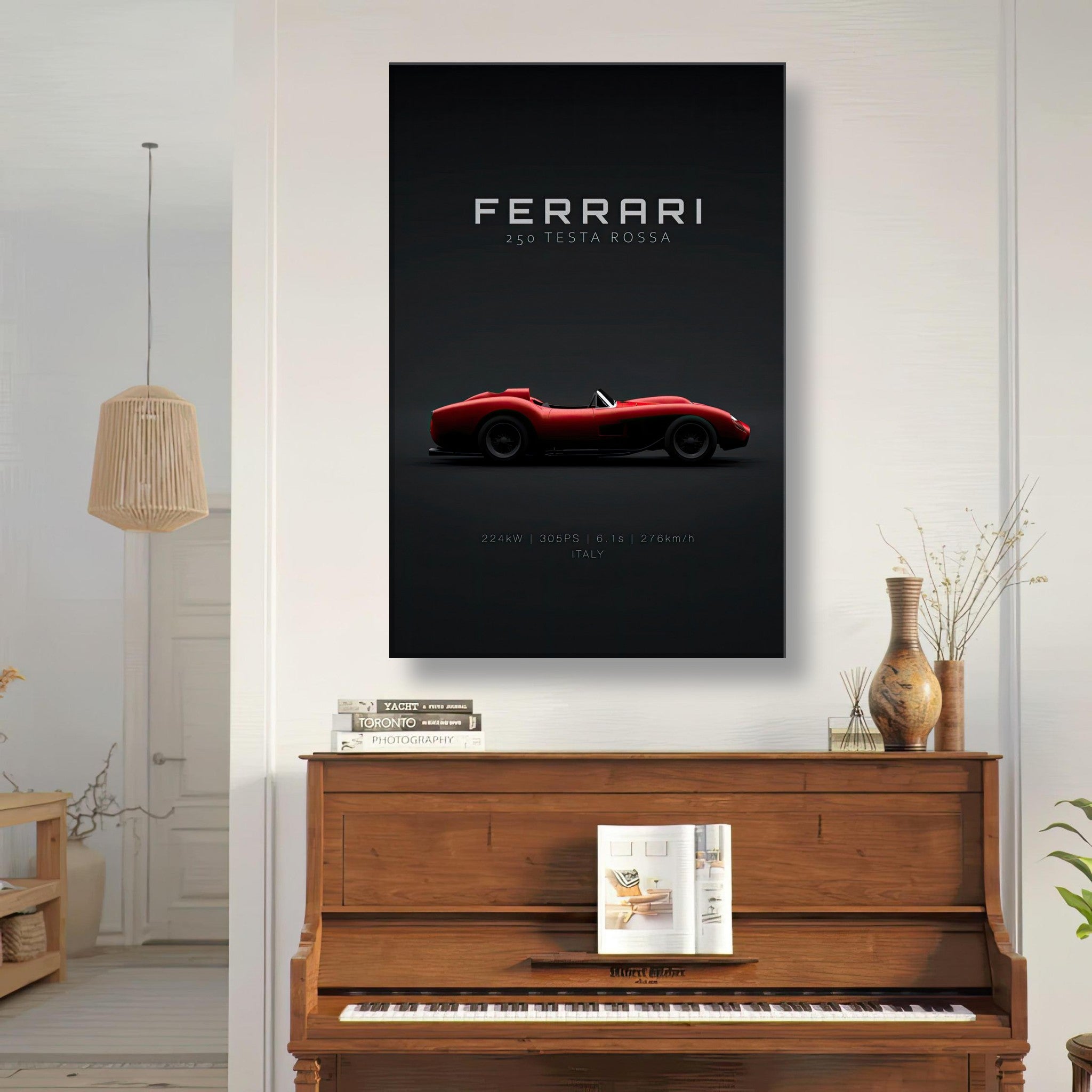Ferrari 250 Testa Rossa canvas artwork on a wall above a wooden piano in a stylish interior.