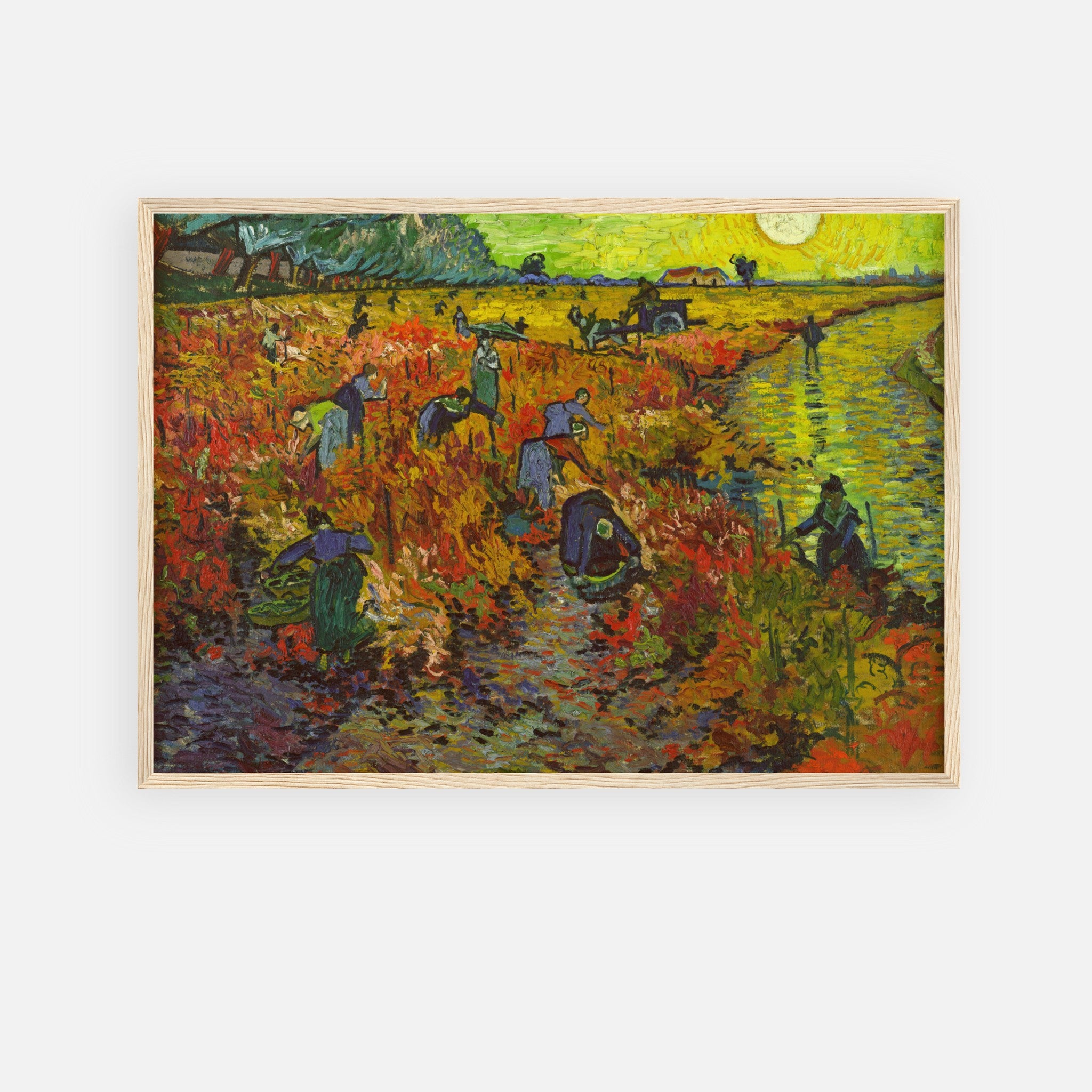 Framed print of Van Gogh's The Red Vineyard, showcasing vibrant colors and a lively autumn harvest scene.