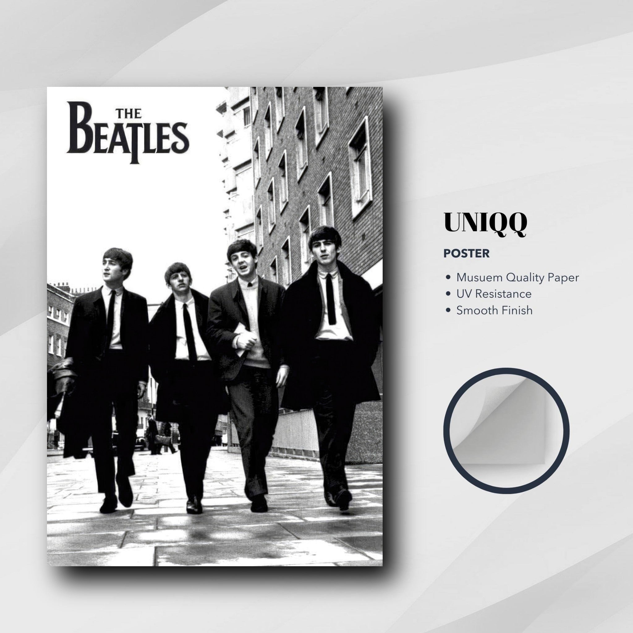 The Beatles Cover Poster featuring the iconic band walking in black and white, printed on museum quality paper.