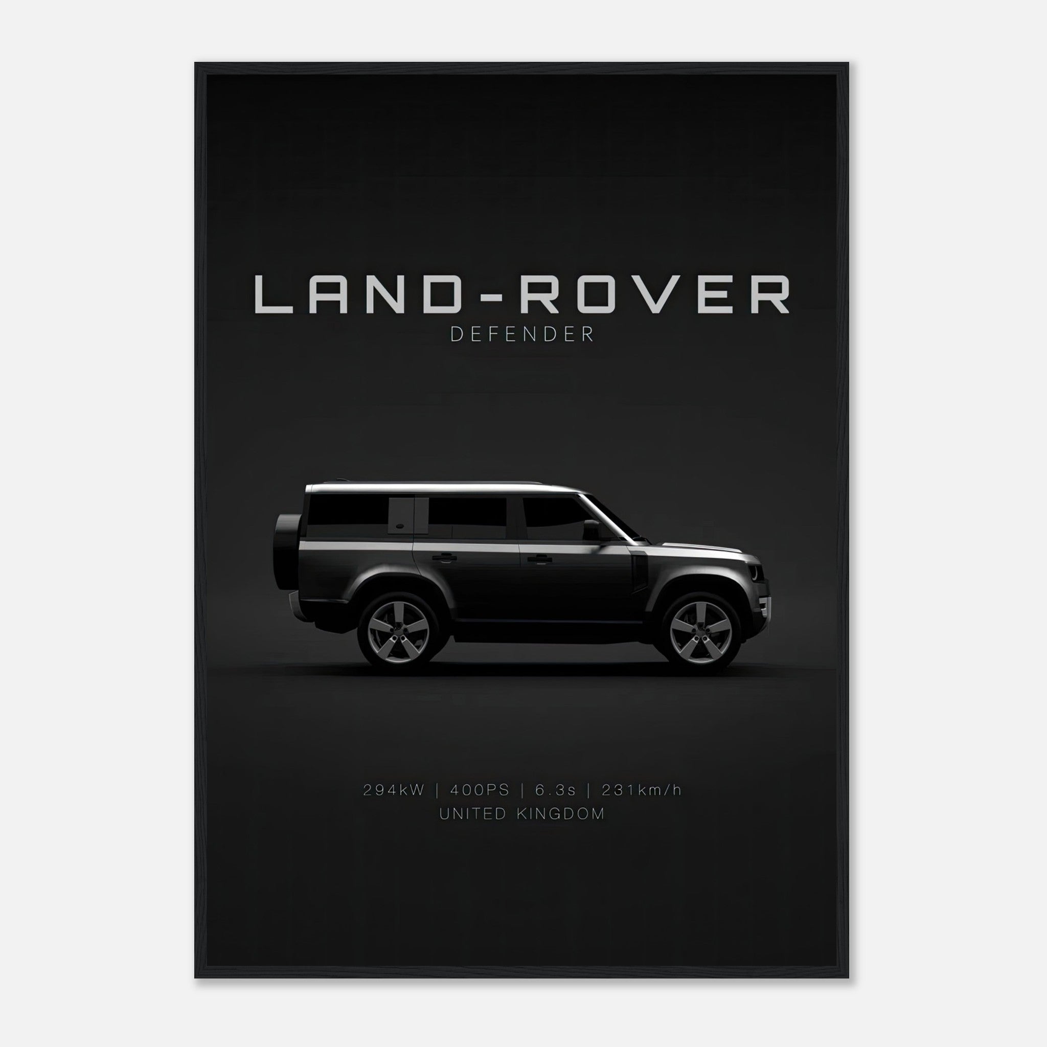 Framed print of a Land Rover Defender showcasing its sleek profile and specifications, ideal for automotive enthusiasts.