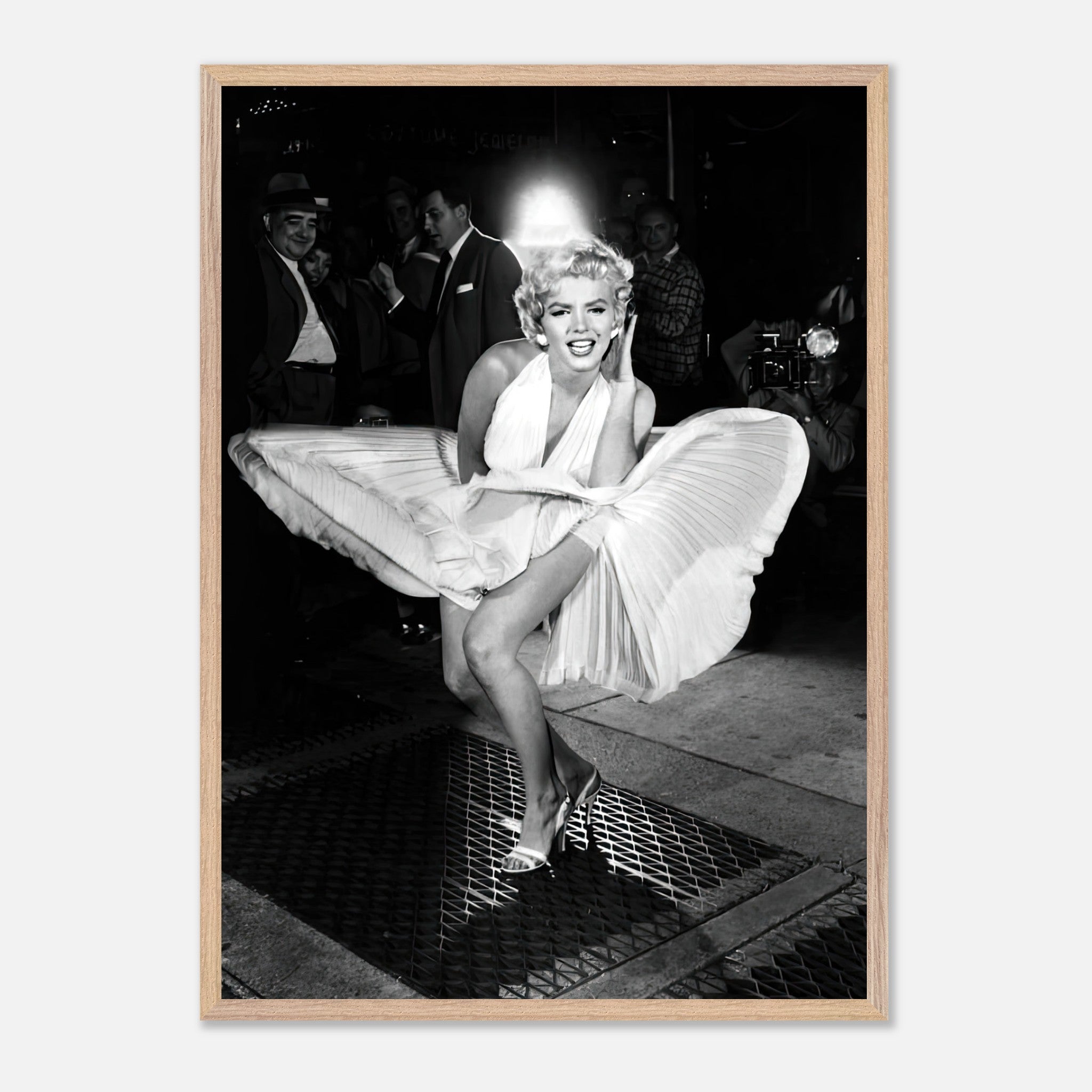 Marilyn Monroe in iconic white dress, playfully lifted by the wind, capturing Hollywood glamour in stunning fine art.