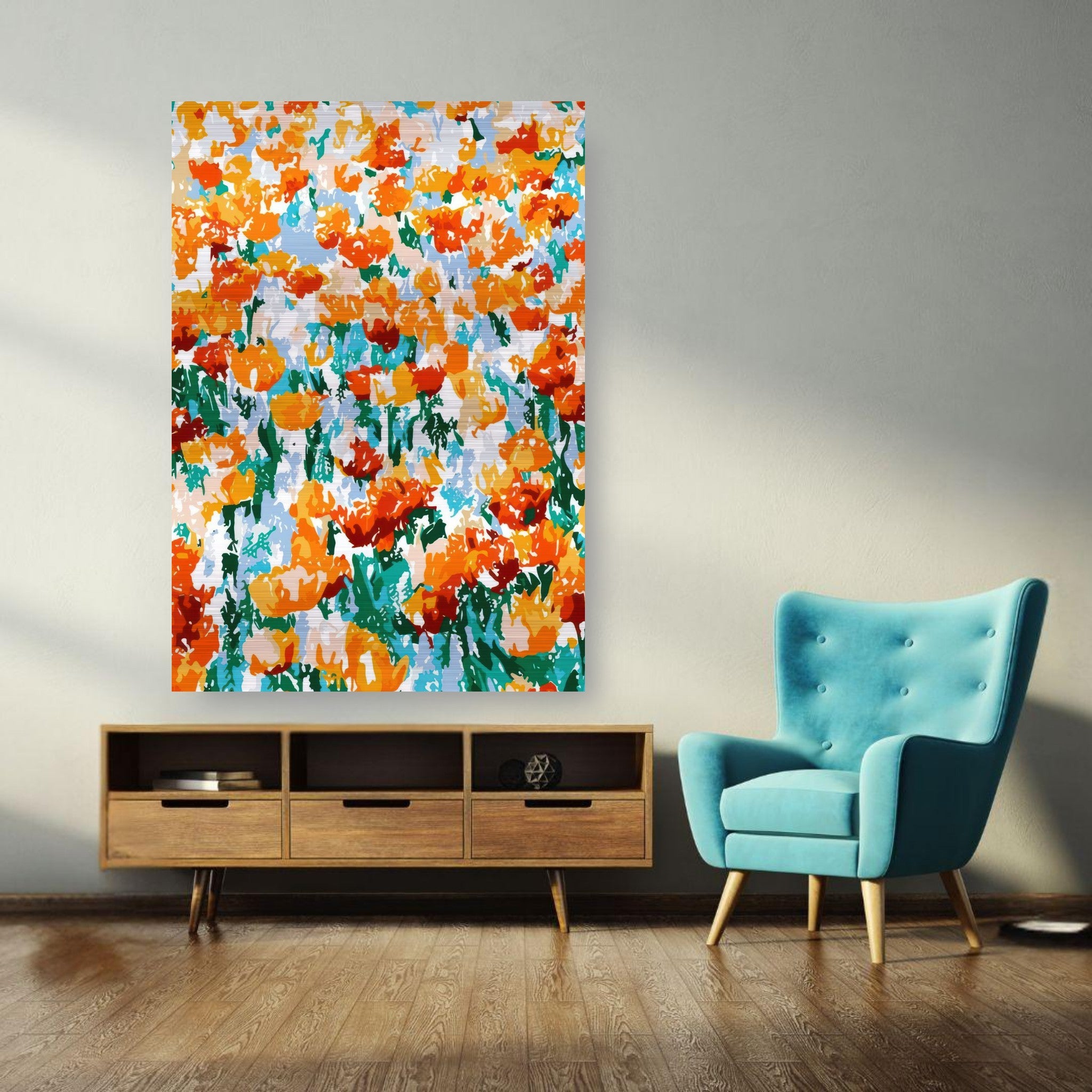 Abstract floral tulip garden print in vibrant orange and red hues on brushed metal, displayed in a modern living room.