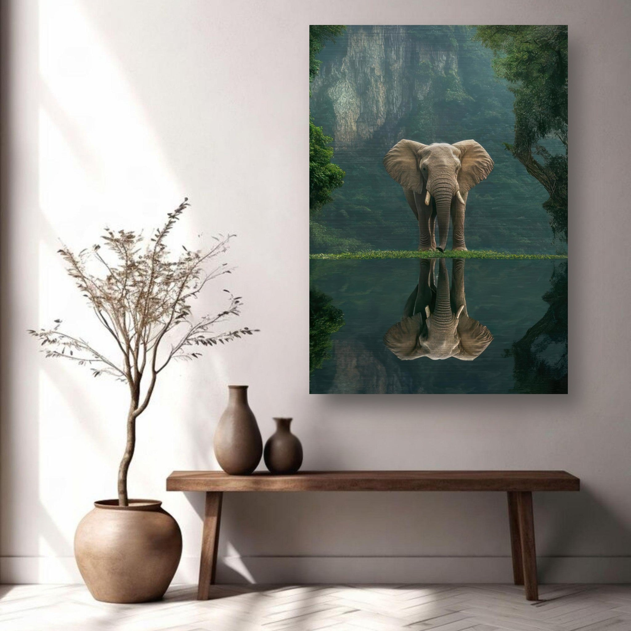 Jungle Elephant Portrait on Brushed Metal, showcasing a majestic elephant reflection in serene surroundings.