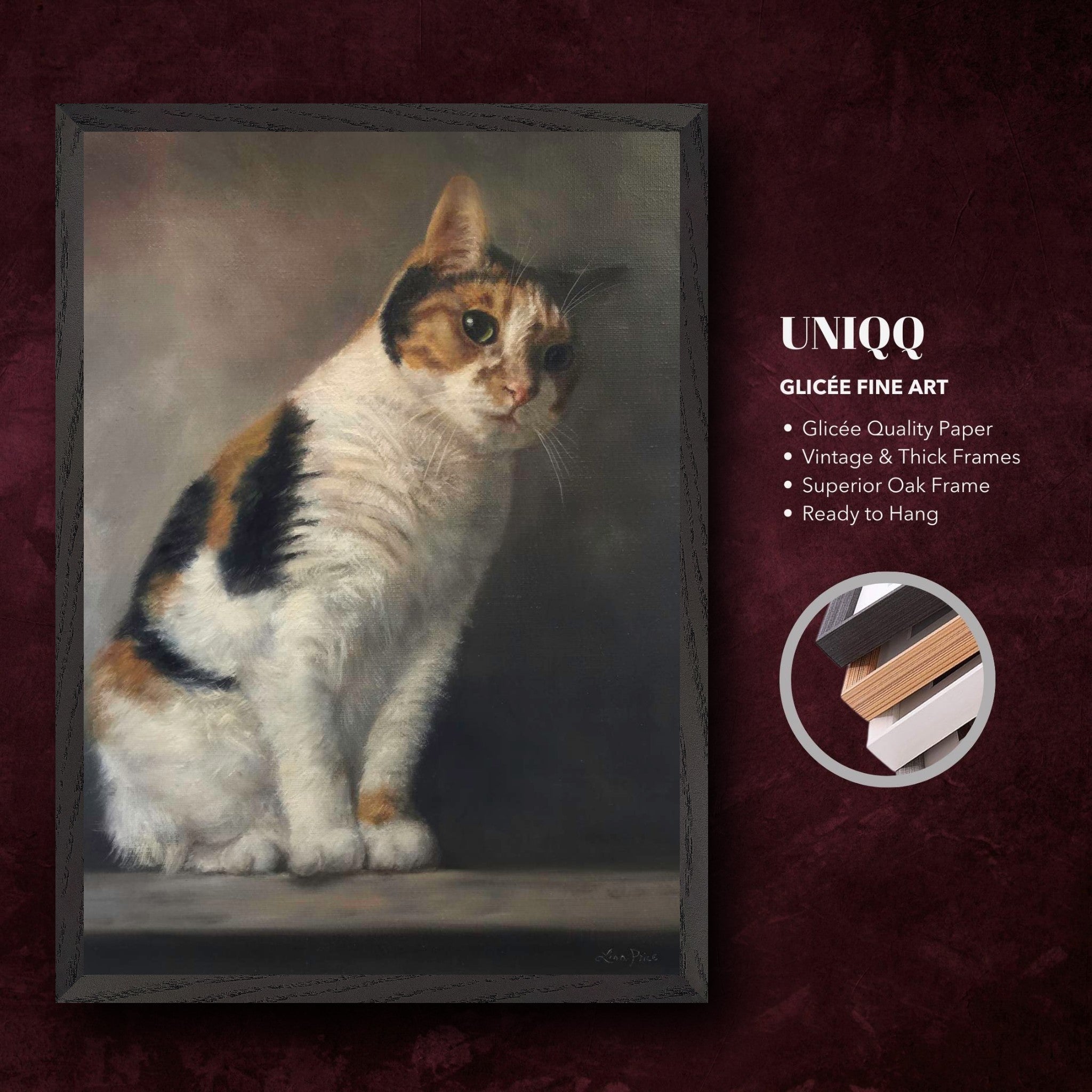 Realistic cat portrait painting in a vintage oak frame, showcasing lifelike details on high-quality paper.