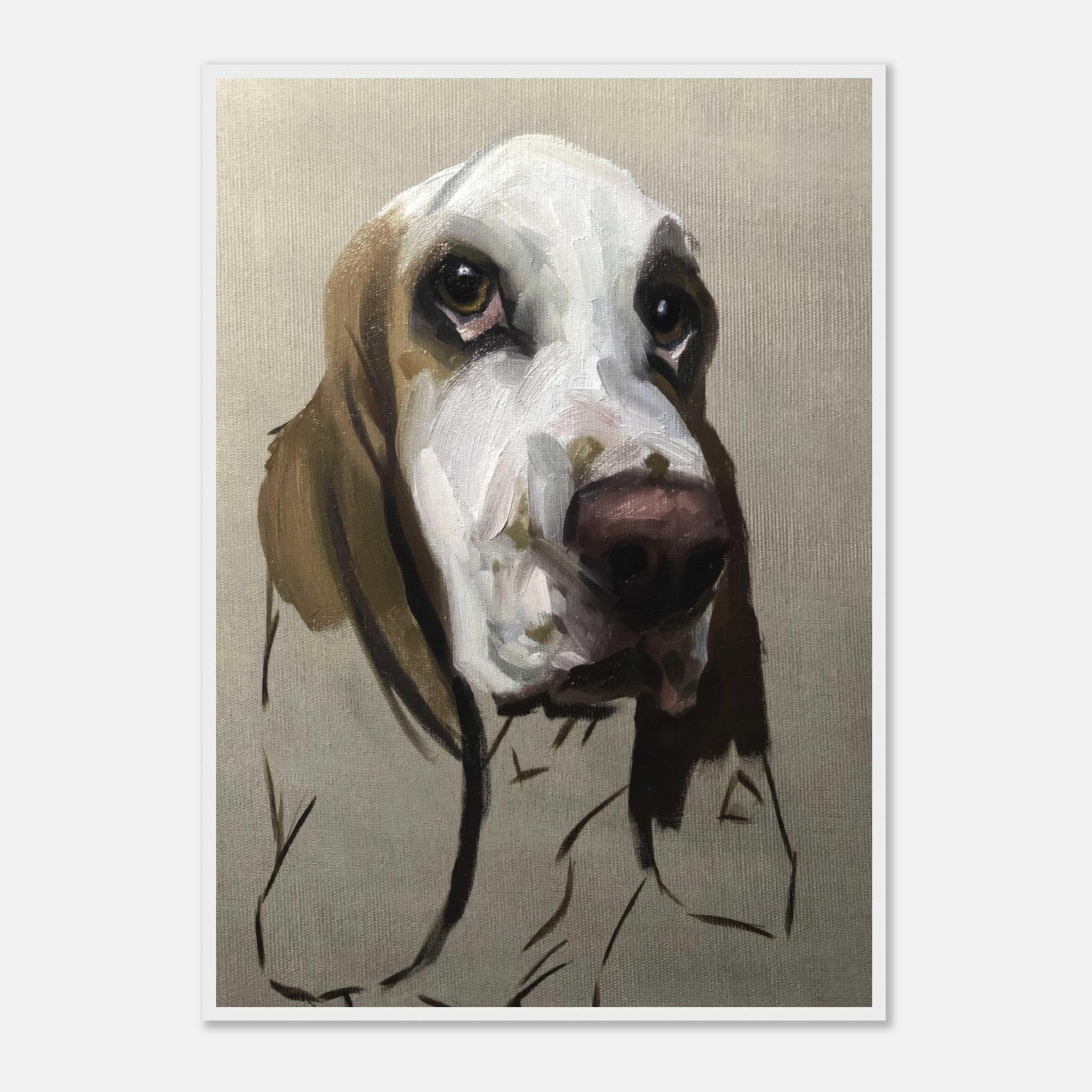 Basset Hound dog painting framed print featuring expressive brushstrokes and earthy tones.