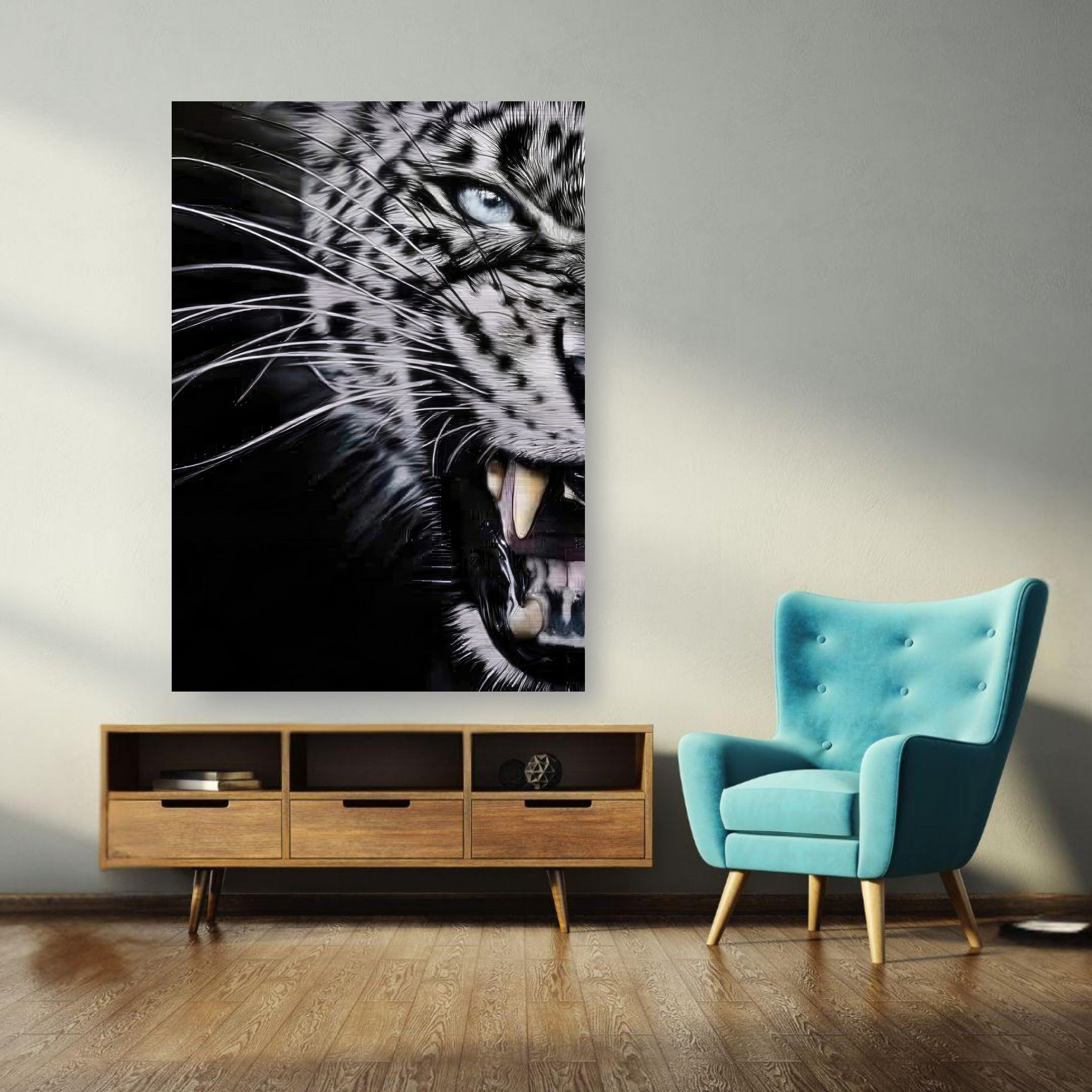 Leopard close-up portrait in brushed metal, showcasing piercing blue eyes and sharp fangs in a striking interior setting.