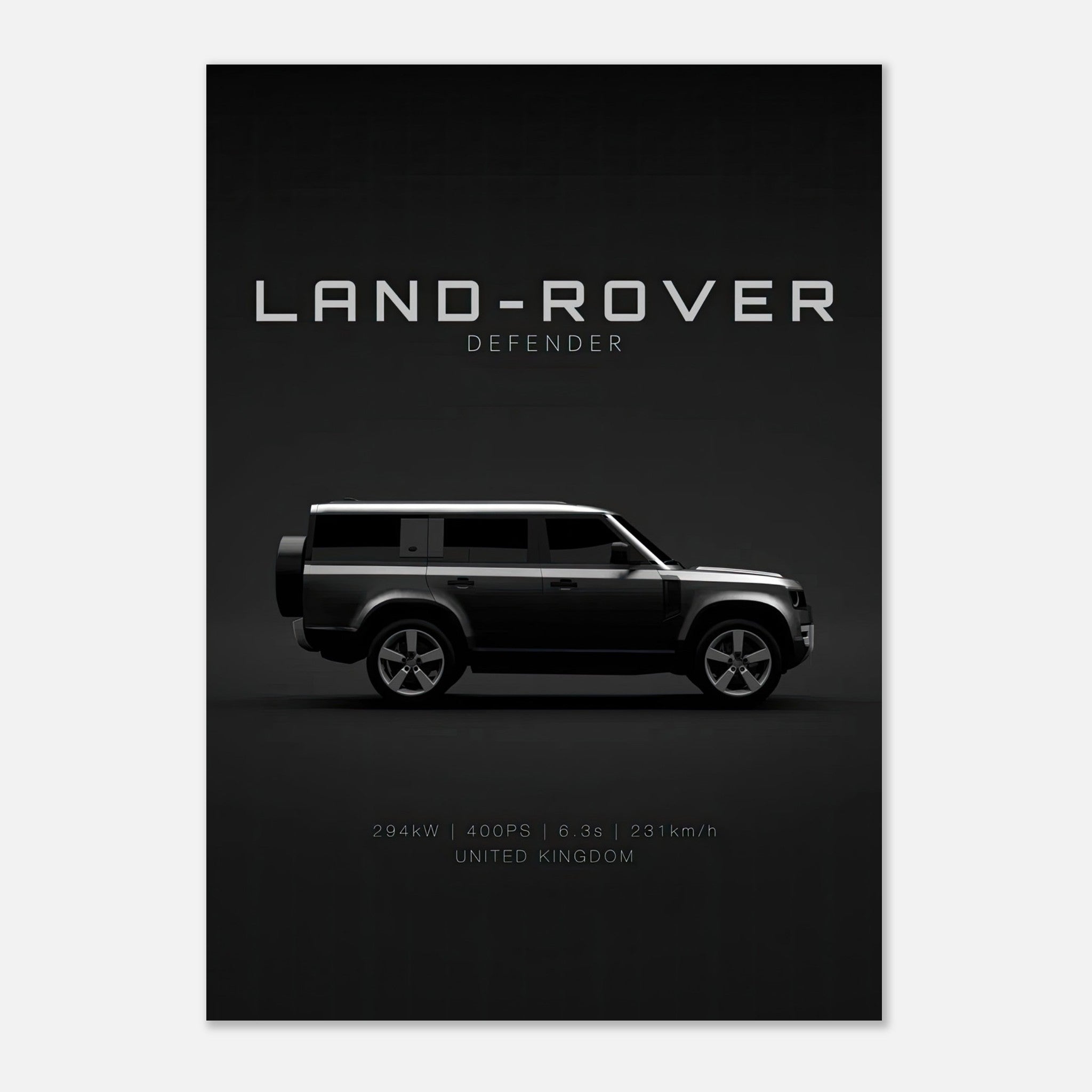 Land Rover Defender poster showcasing the vehicle in a sleek design against a dark background.