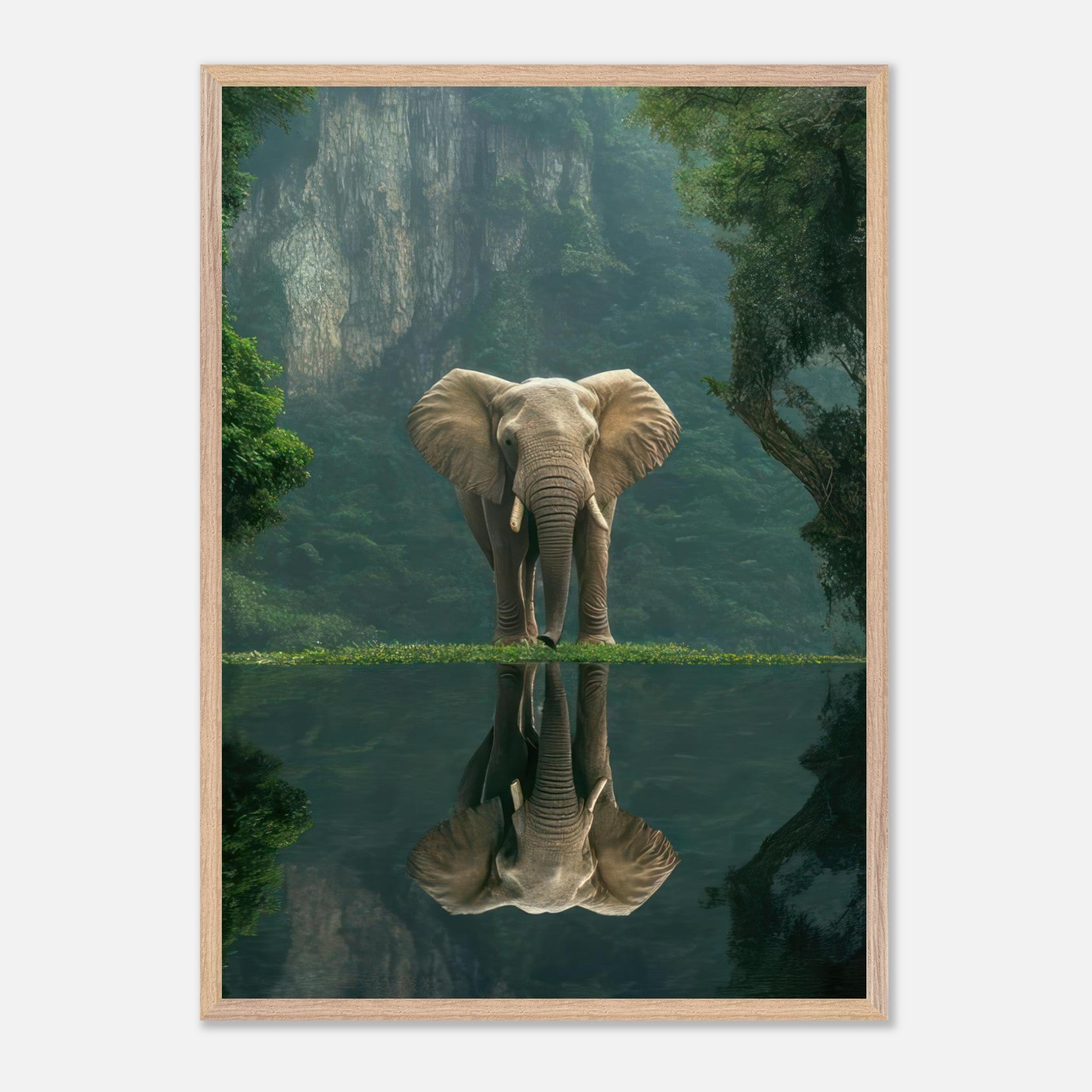 Jungle Elephant Portrait Vintage Framed Print with serene reflection in water and lush forest backdrop.