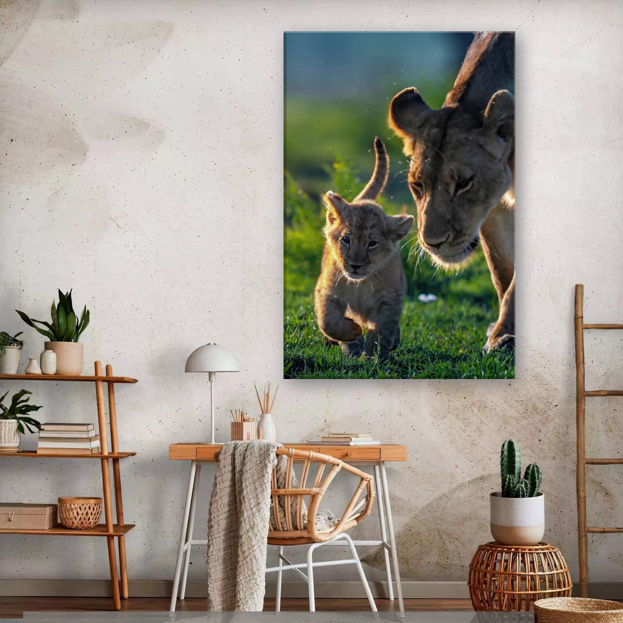 Protective Lion Mother canvas featuring a lioness and her cub in a vibrant, heartwarming scene.