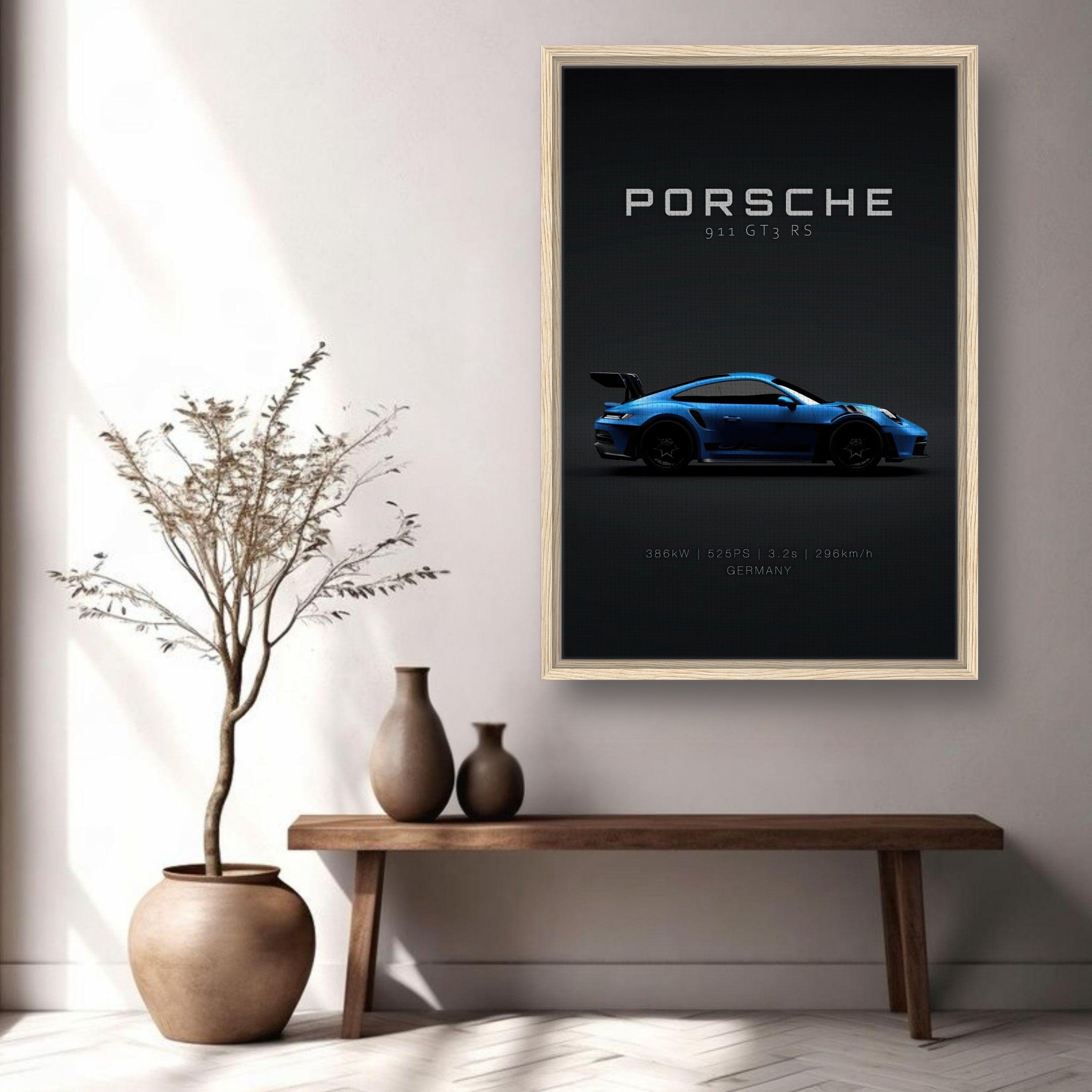 Porsche 911 GT3 RS framed canvas print in modern decor with minimalist style.