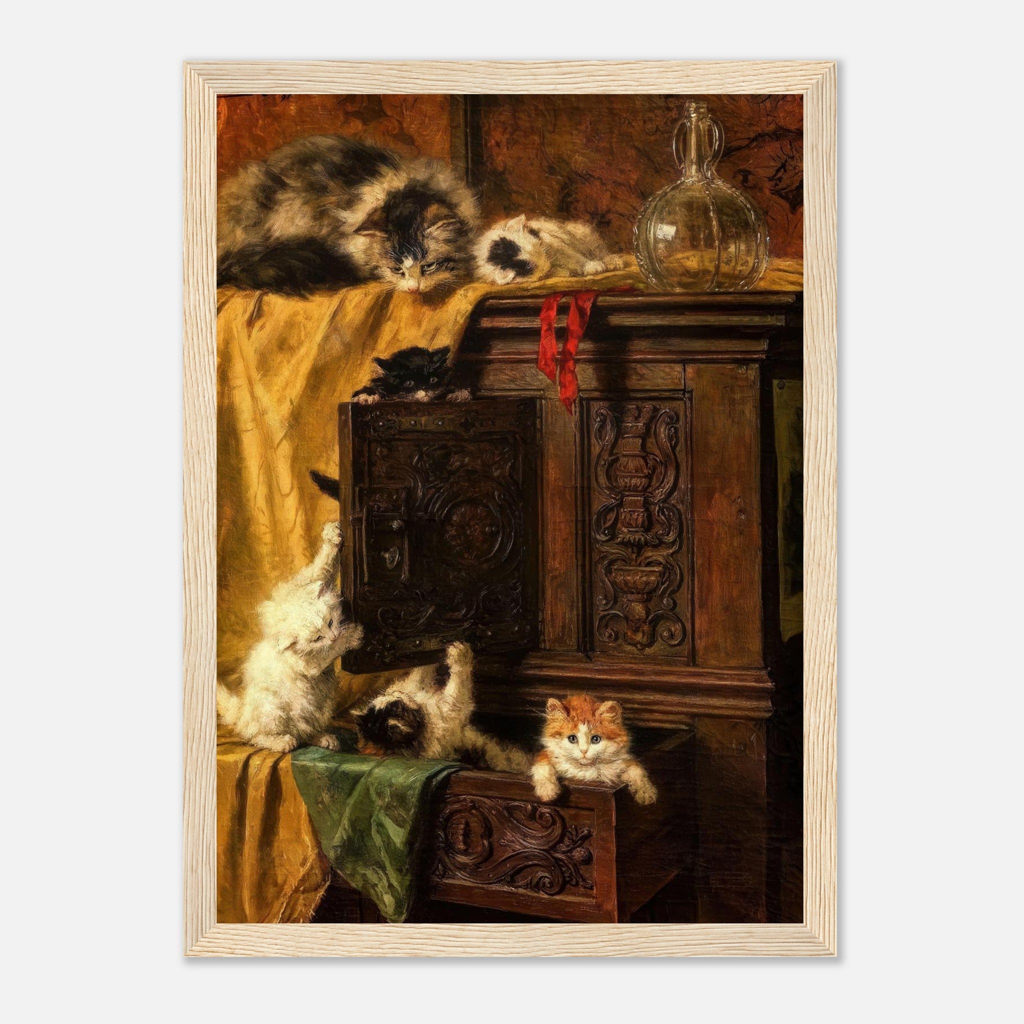 Vintage Cat Painting Framed Print featuring playful kittens exploring an antique wooden cabinet.