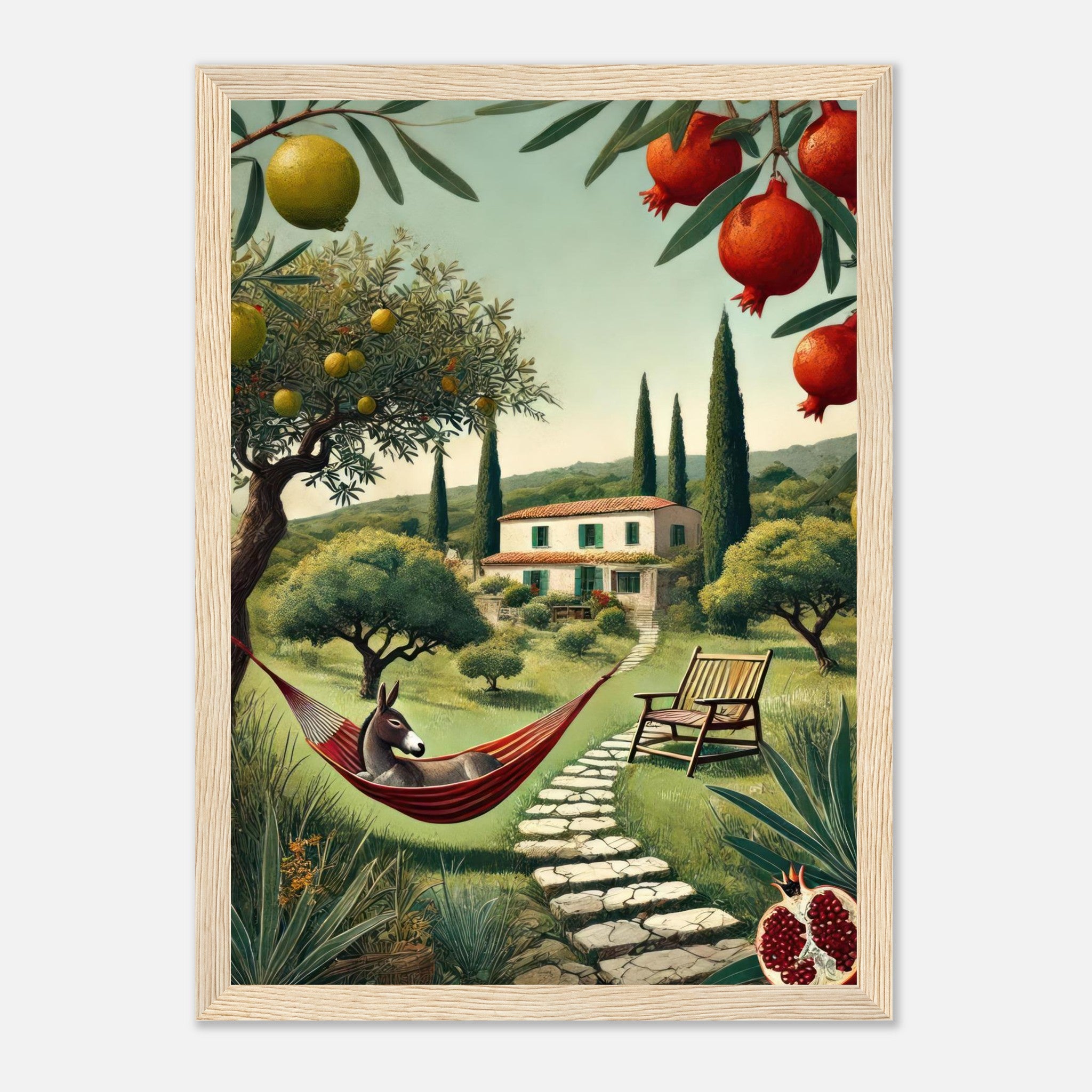 Framed print of a Mediterranean rural landscape featuring a donkey in a hammock, sunlit villa, and lush fruit trees.