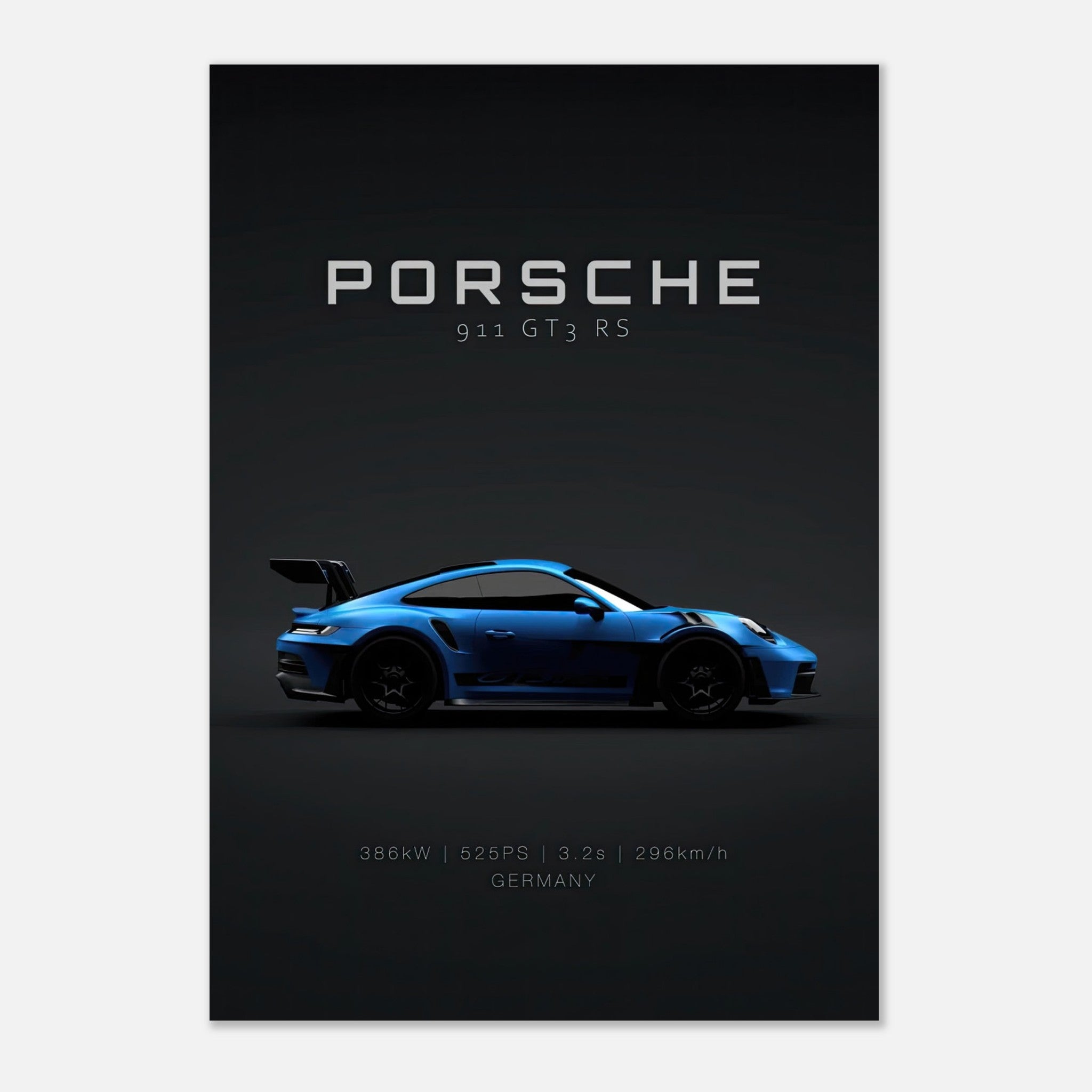 Porsche 911 GT3 RS metal print showcasing sleek blue car silhouette on dark background
