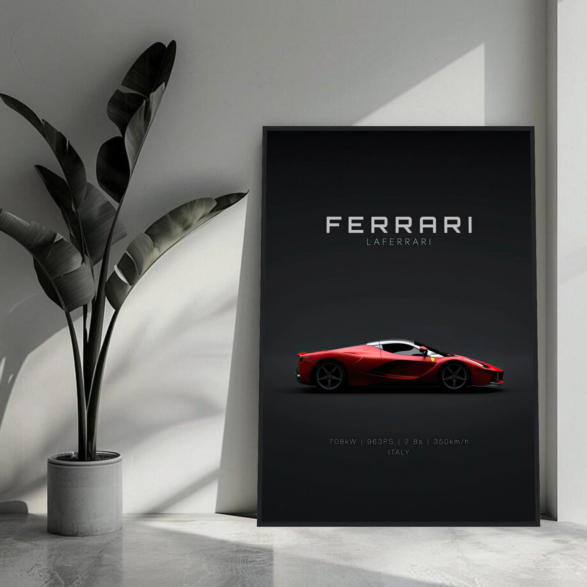 Ferrari Laferrari framed poster showcasing the iconic hypercar in red with minimalist design, perfect for home decor.
