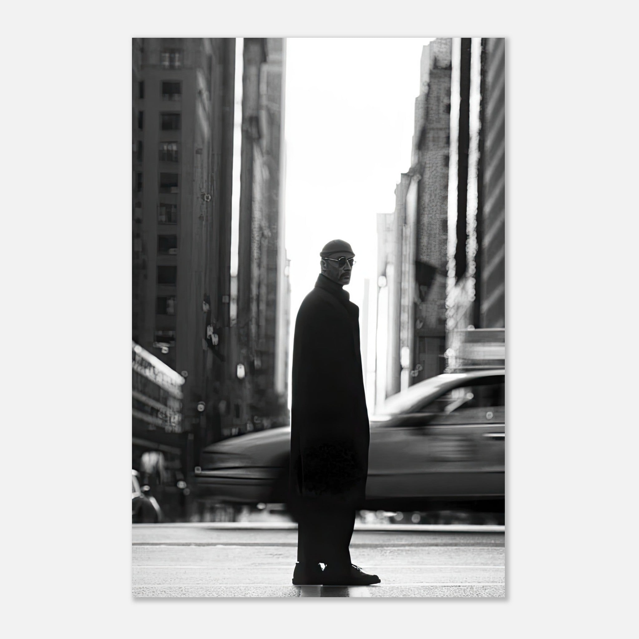 Jean Reno as Leon in New York, iconic black-and-white metal print capturing cinematic allure.